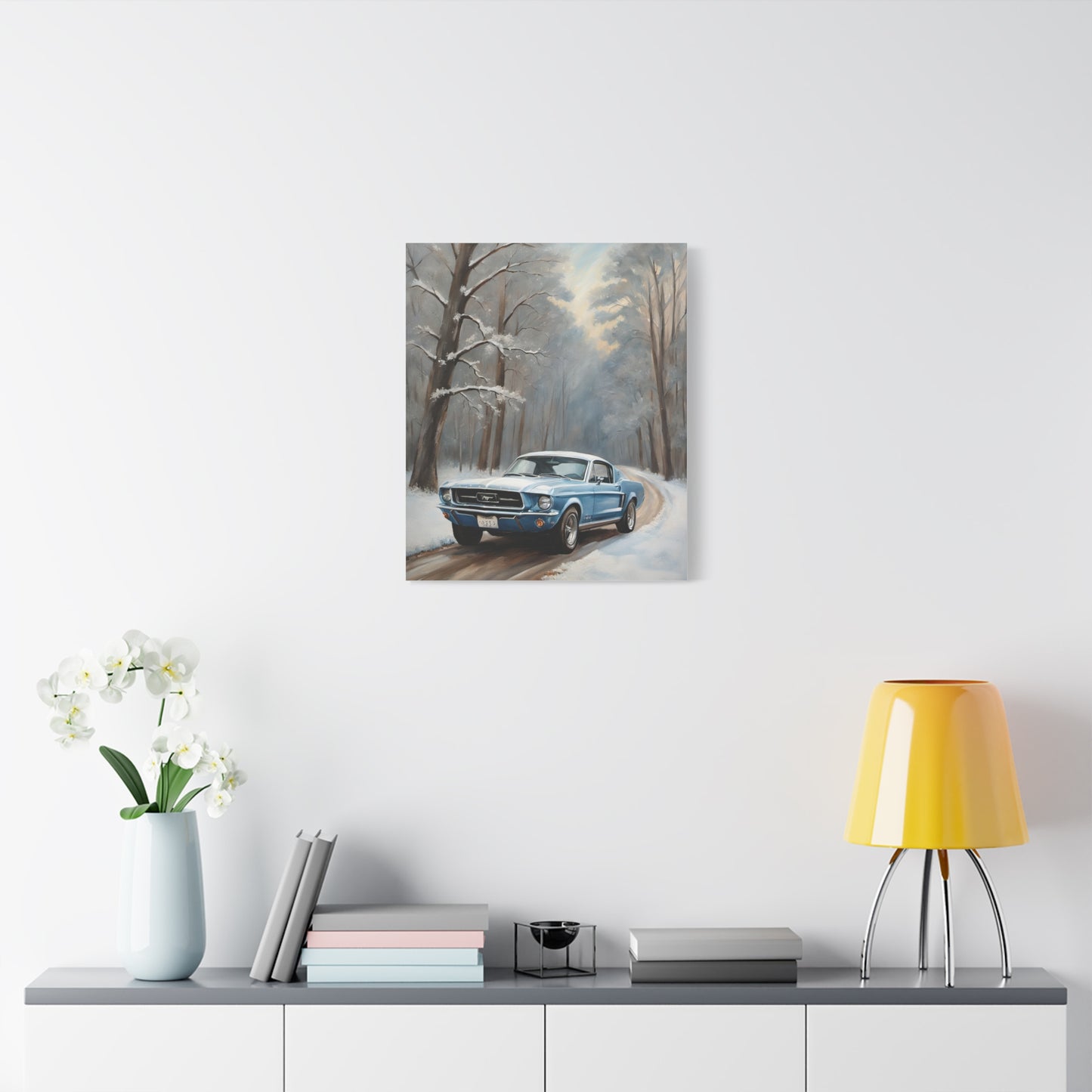 Blue Fastback Winter Scene Canvas Print featuring a vintage car on a snowy road among trees