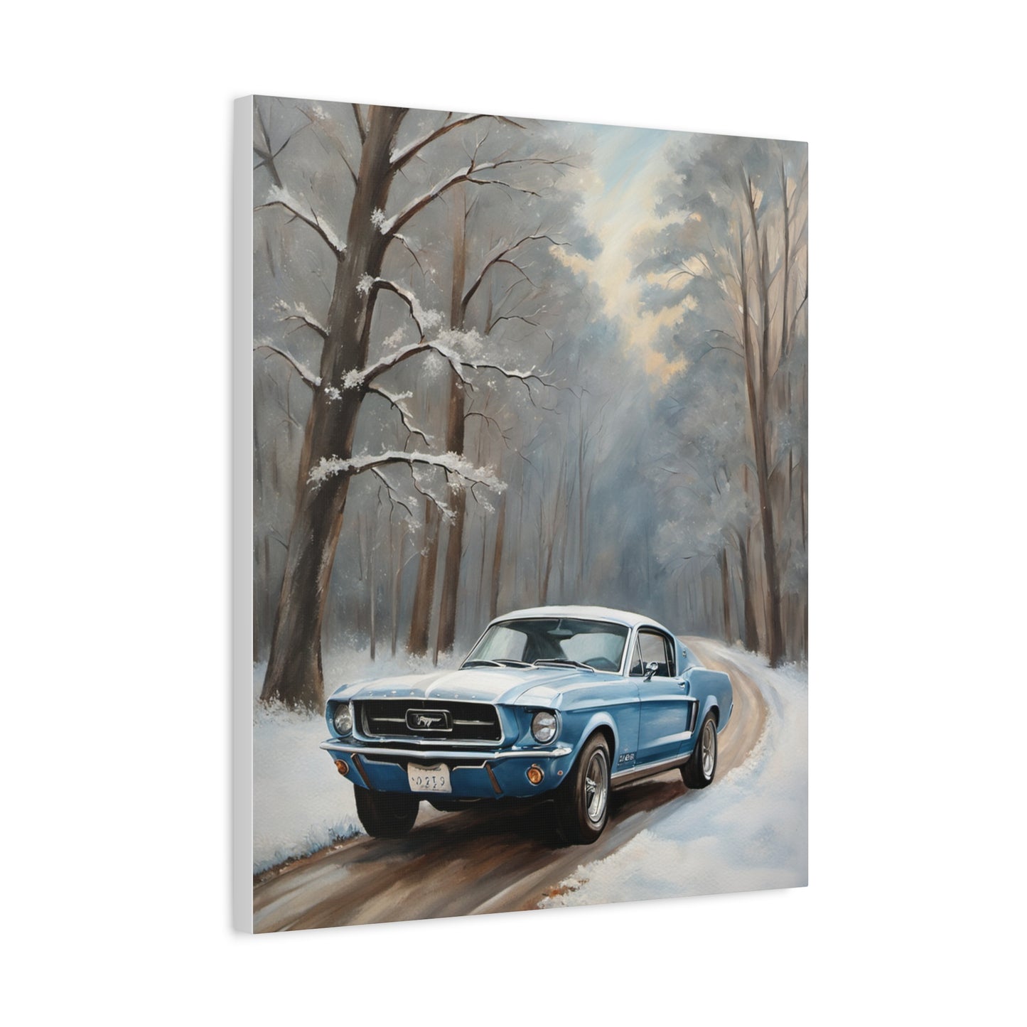 Blue Fastback Winter Scene Canvas Print featuring a classic car in a snowy forest setting