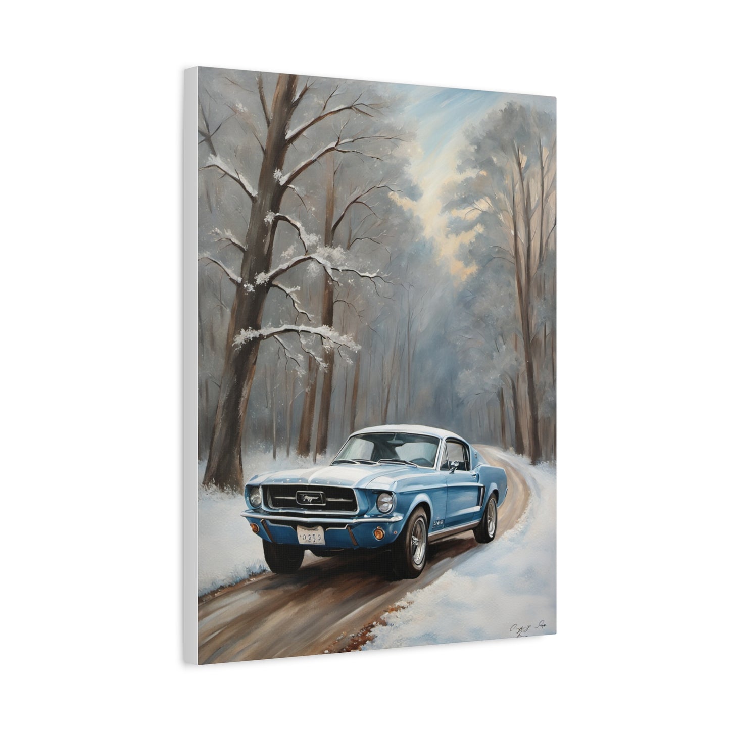 Blue Fastback Winter Scene Canvas Print featuring a retro car on a snowy road among trees