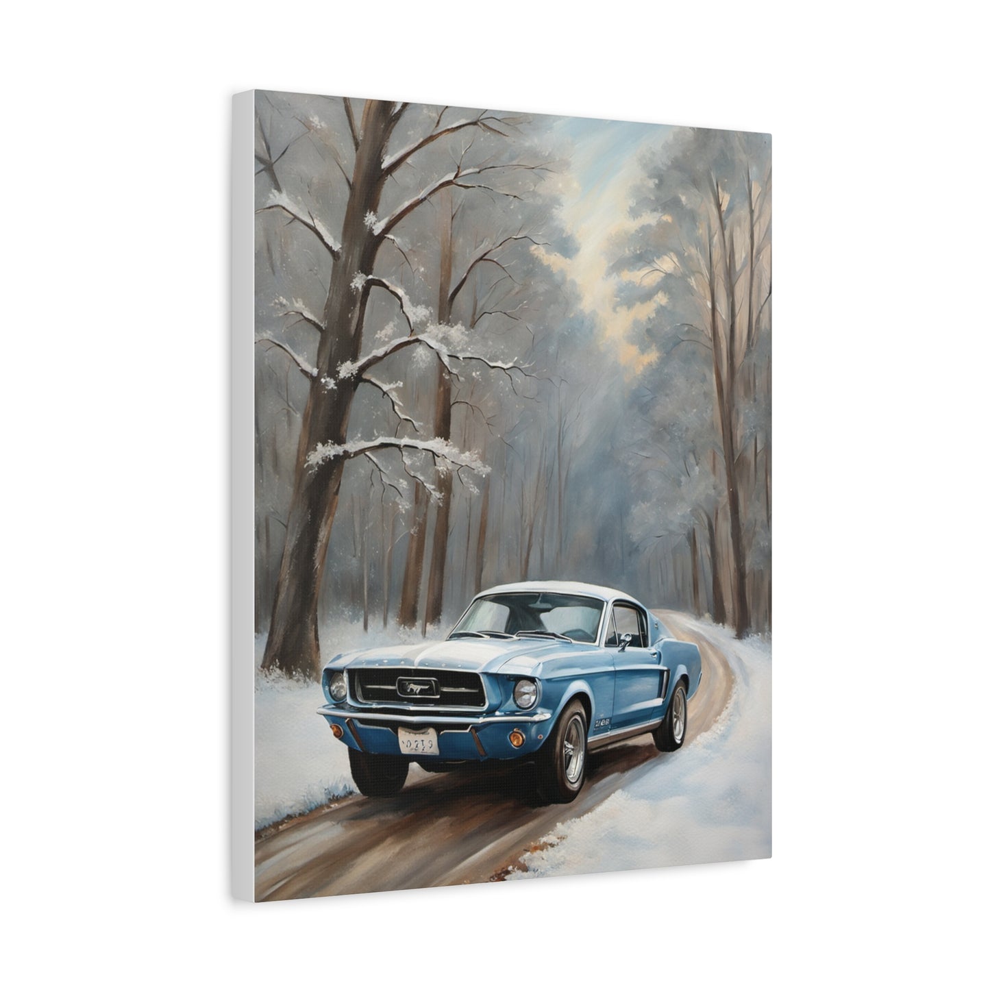 Blue Fastback Winter Scene Canvas Print featuring a classic car in a snowy landscape