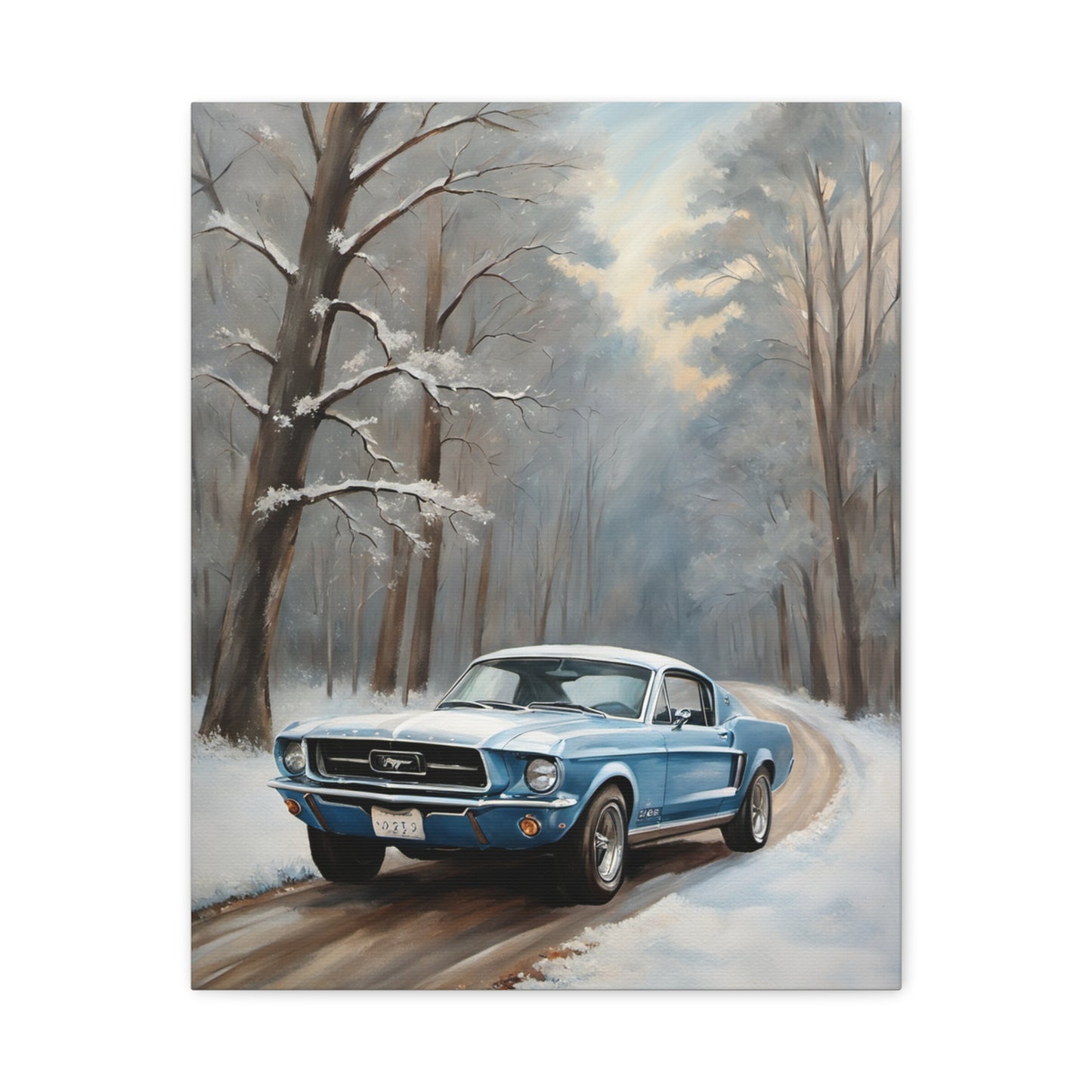 Blue Fastback Winter Scene Canvas Print featuring a classic car on a snowy road surrounded by trees