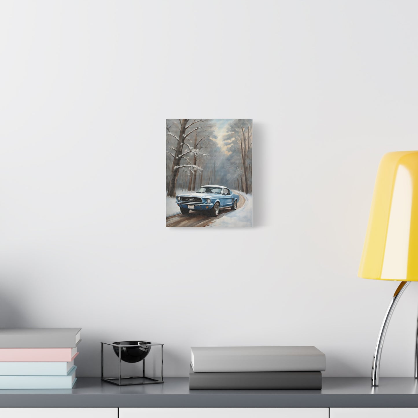 Blue Fastback Winter Scene Canvas Print featuring a classic car on a snowy road setting