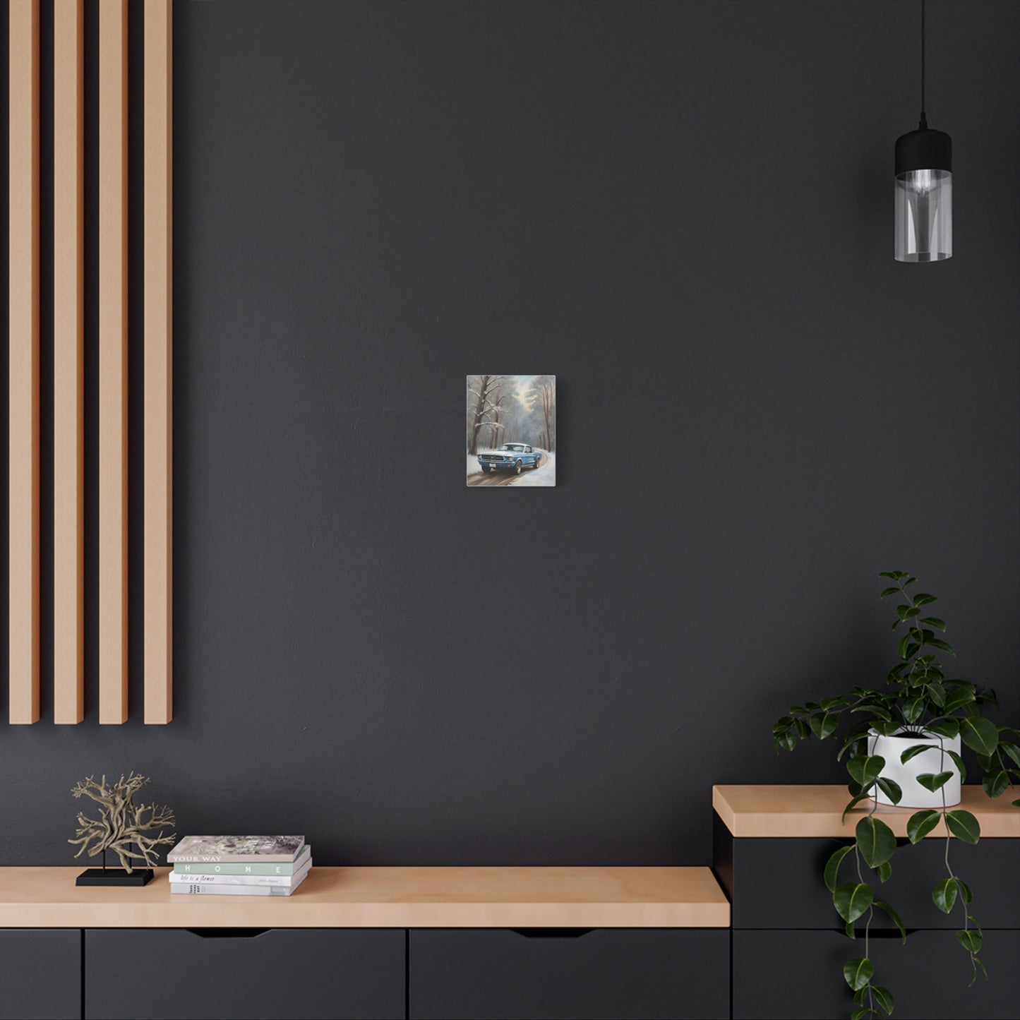 Blue Fastback Winter Scene Canvas Print displayed on a modern dark wall above wooden furniture