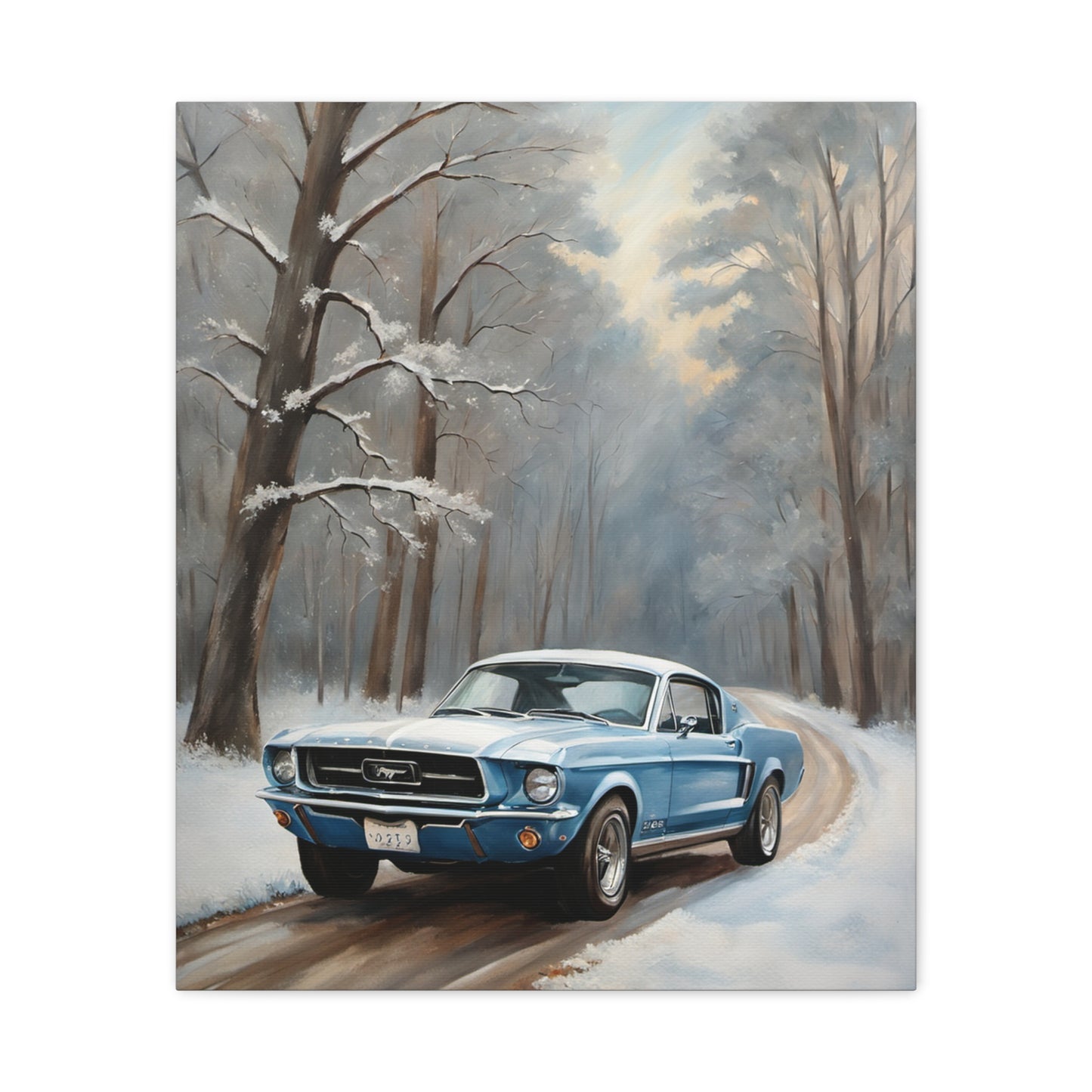 Blue Fastback Winter Scene Canvas Print featuring a classic blue car on a snowy road between bare trees
