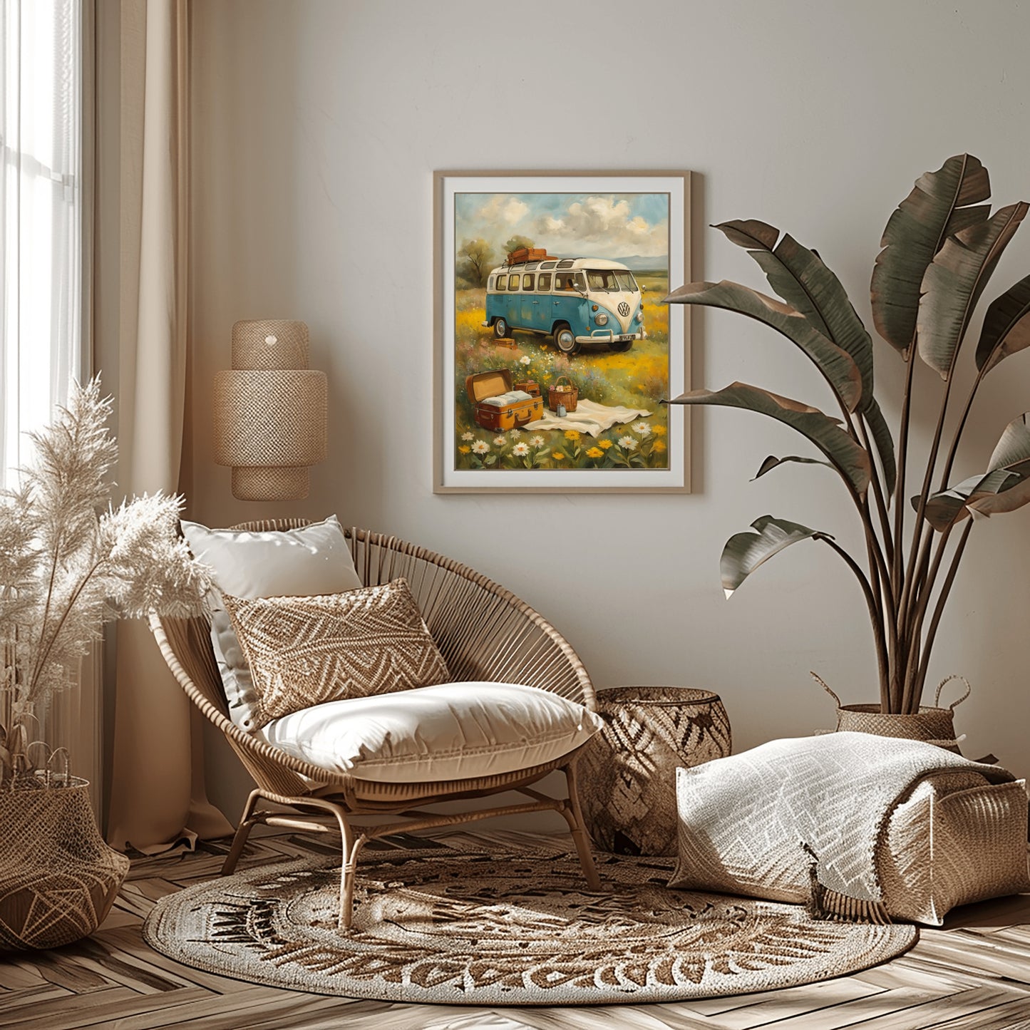Bohemian picnic wall art by AquilVision hanging in cozy sunlit room with wicker chair and plants