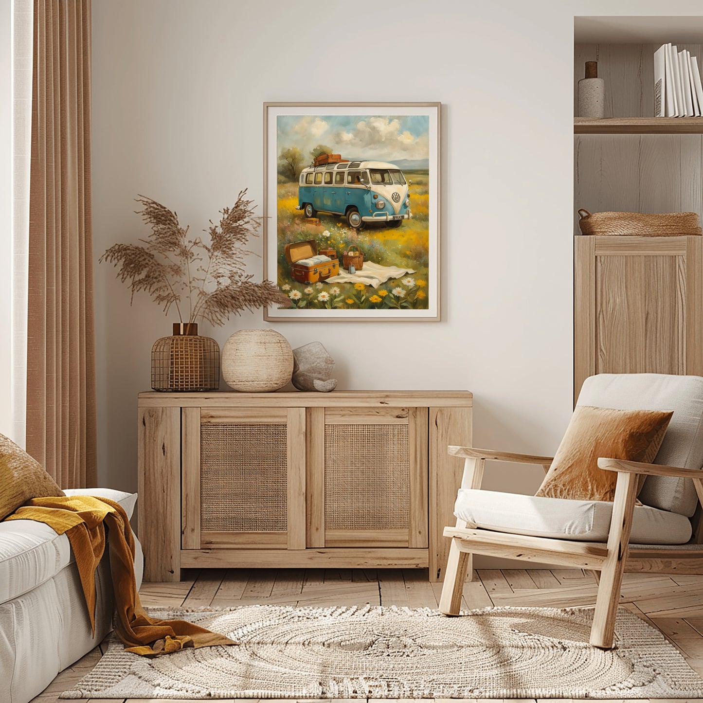 Bohemian picnic wall art by AquilVision featuring a vintage blue van and picnic scene in soft colors