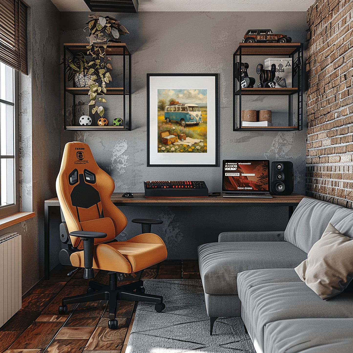 Bohemian picnic wall art by AquilVision framed on a gray wall in a stylish home office space