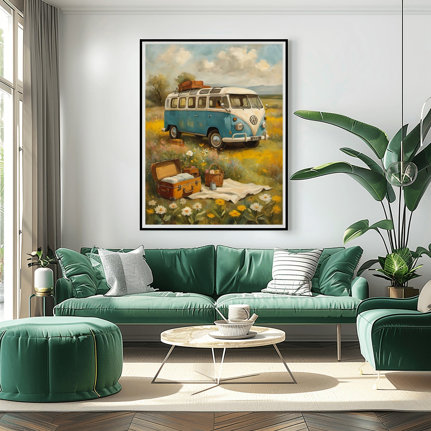 AquilVision bohemian picnic wall art featuring vintage blue van and picnic setup in floral field