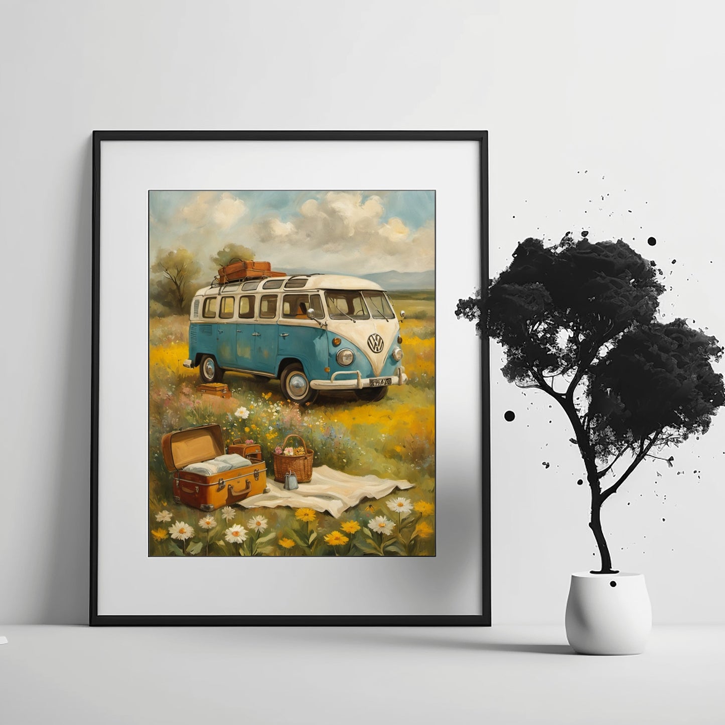 Framed digital bohemian picnic wall art featuring a vintage blue van and picnic setup in a flower field