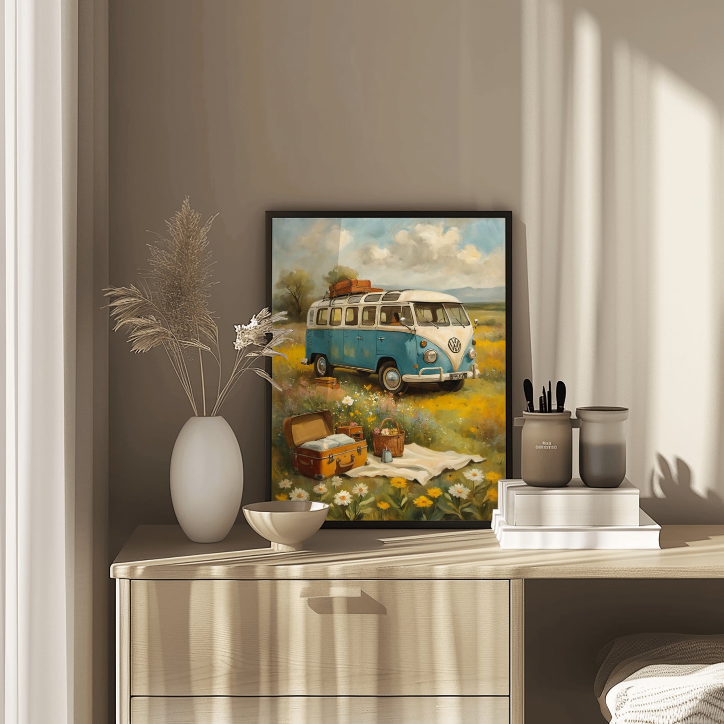 Bohemian picnic wall art featuring a vintage blue van and picnic setup in a field of flowers