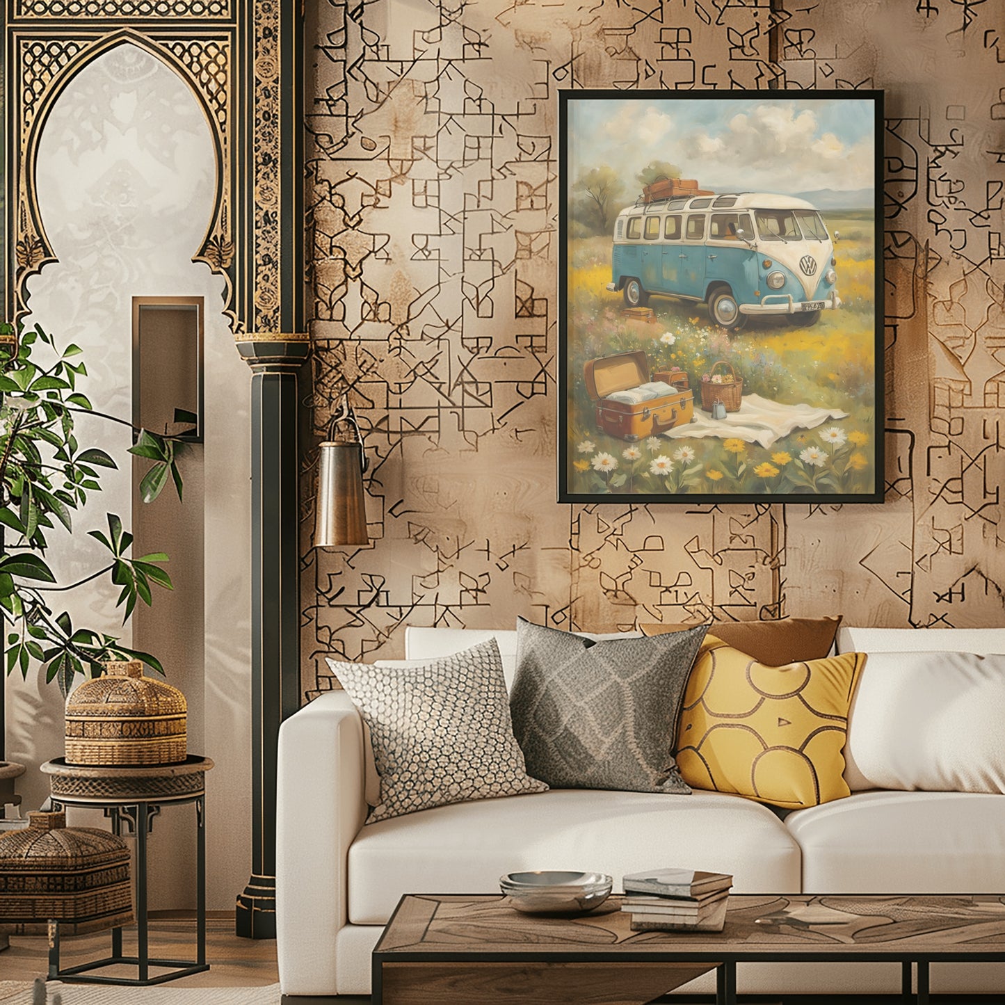 bohemian picnic wall art featuring a vintage blue van and picnic scene hanging above a white sofa in a stylish living room