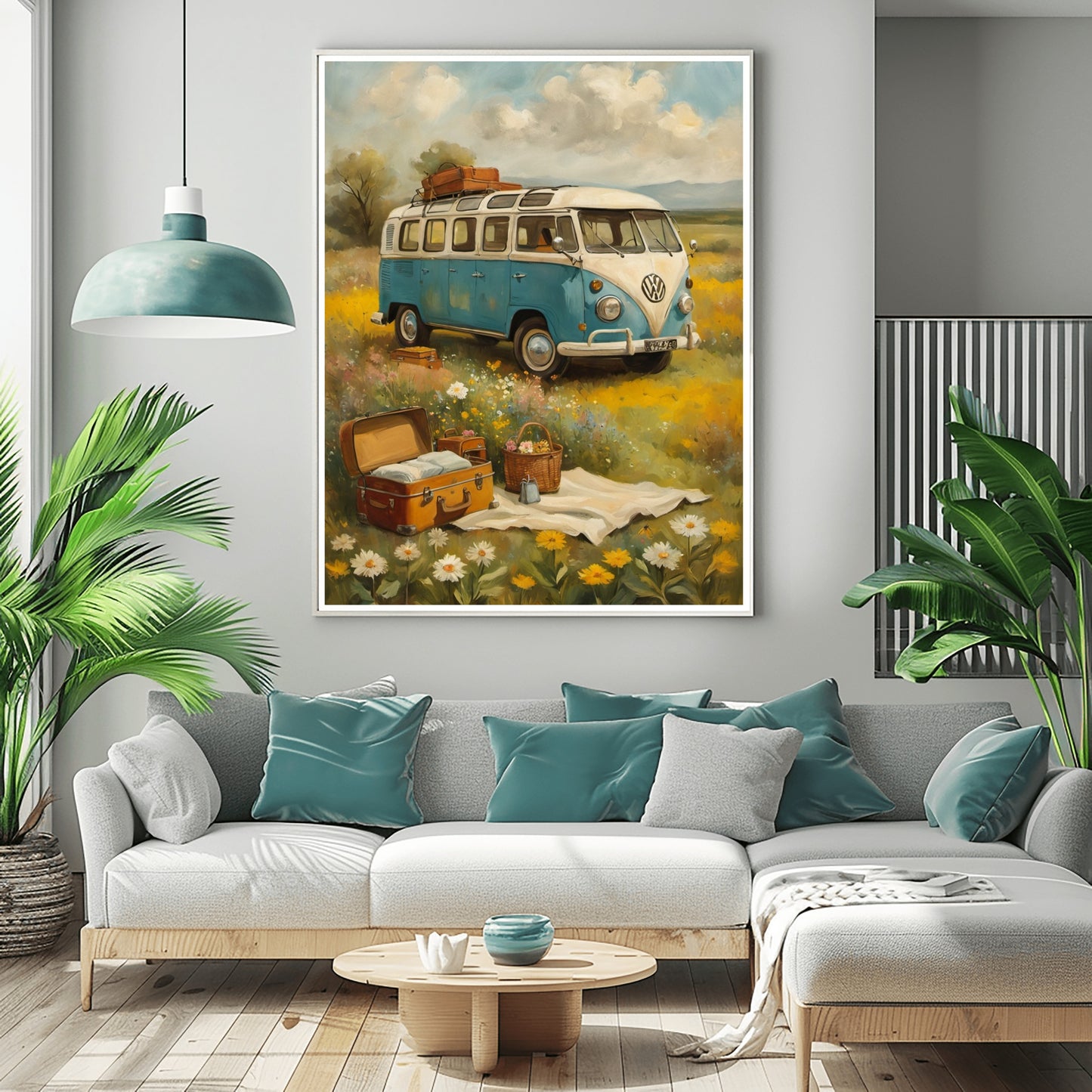 AquilVision digital bohemian picnic wall art featuring a vintage blue van and picnic setup in a flower field