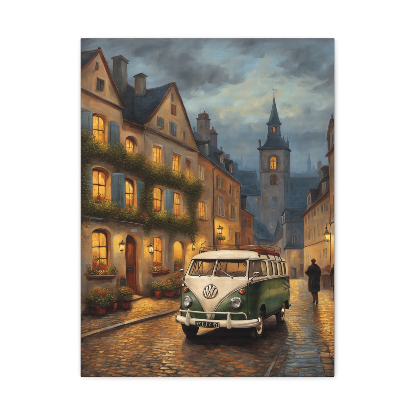 Charming Canvas Art Print featuring a vintage VW van on a cobblestone street in a picturesque village