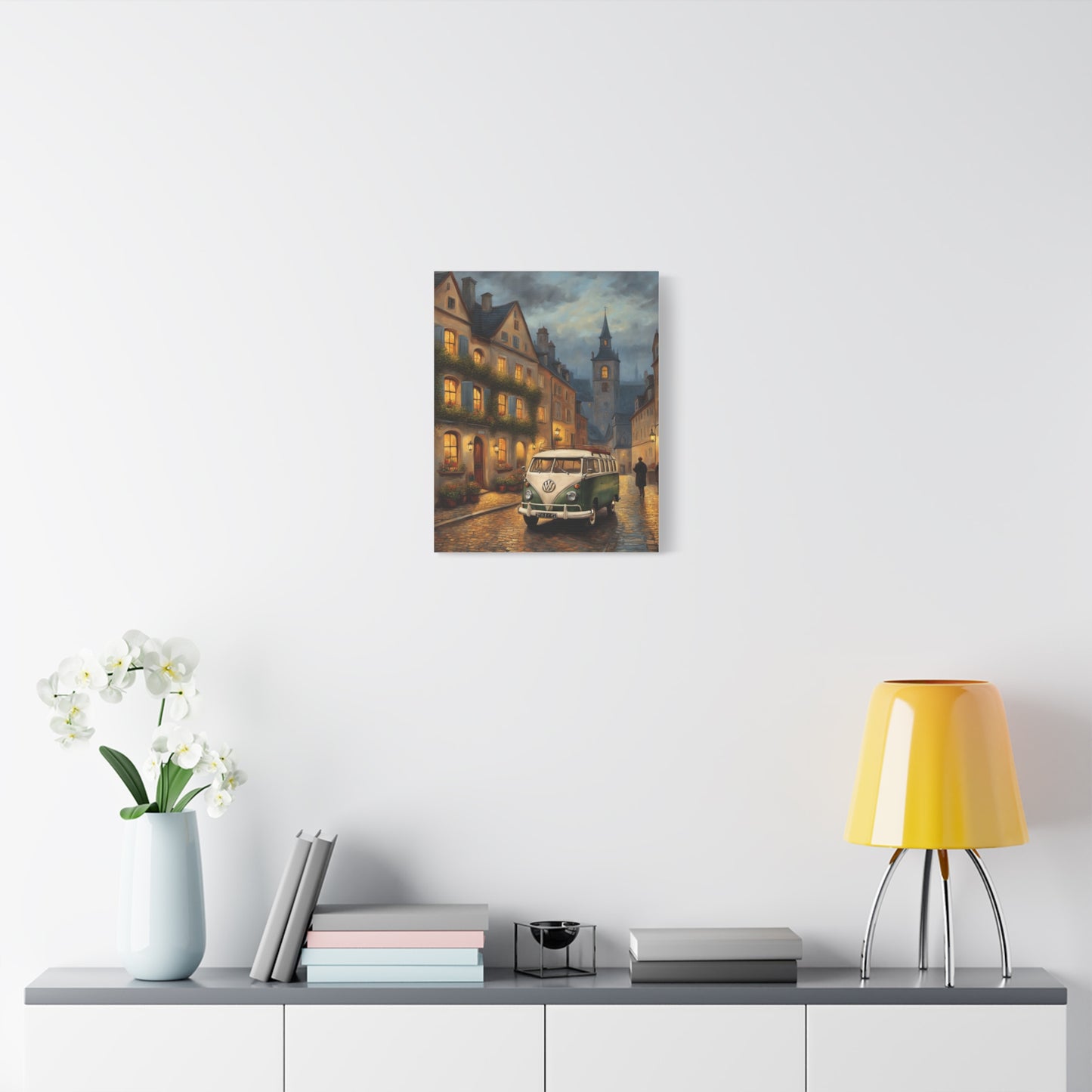 Charming Canvas Art Print featuring a vintage car and picturesque street in a cozy nighttime setting
