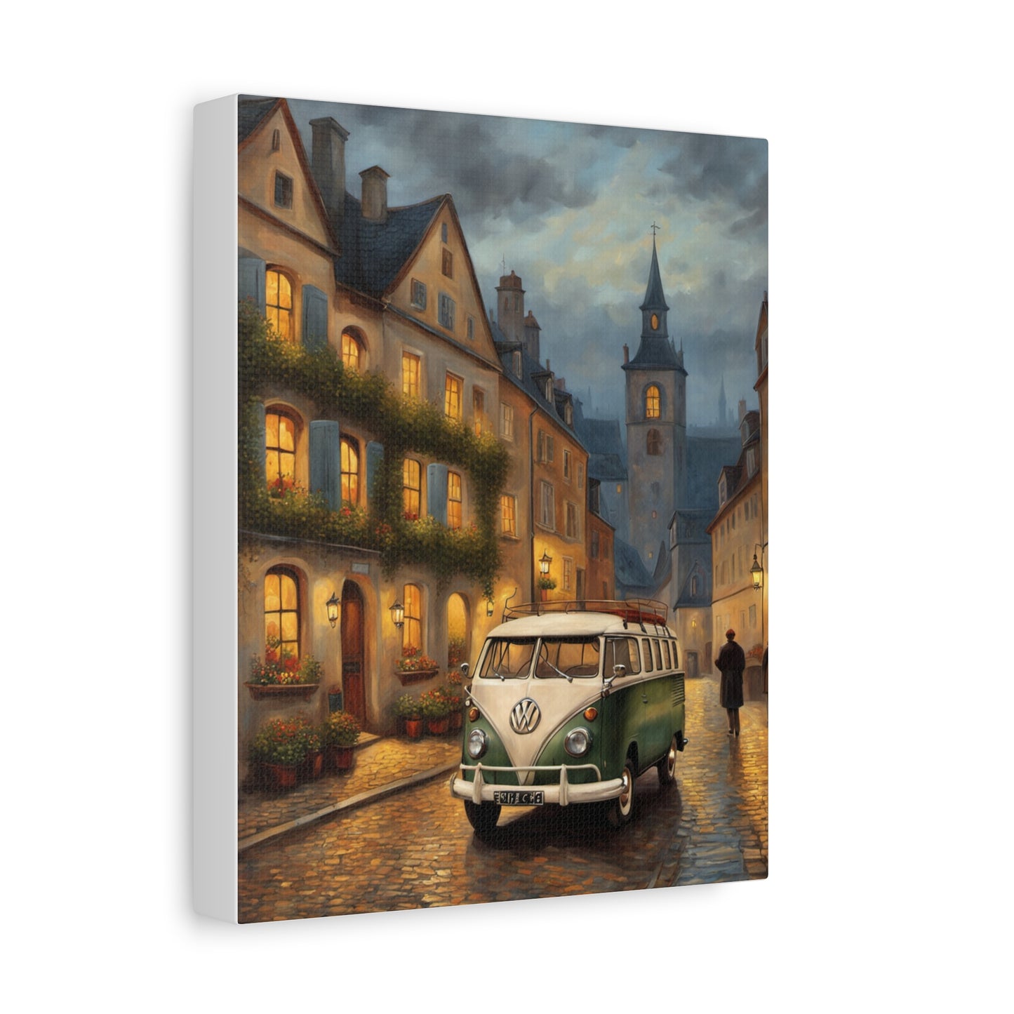 Charming Canvas Art Print of a Vintage Van in a Quaint European Street at Dusk