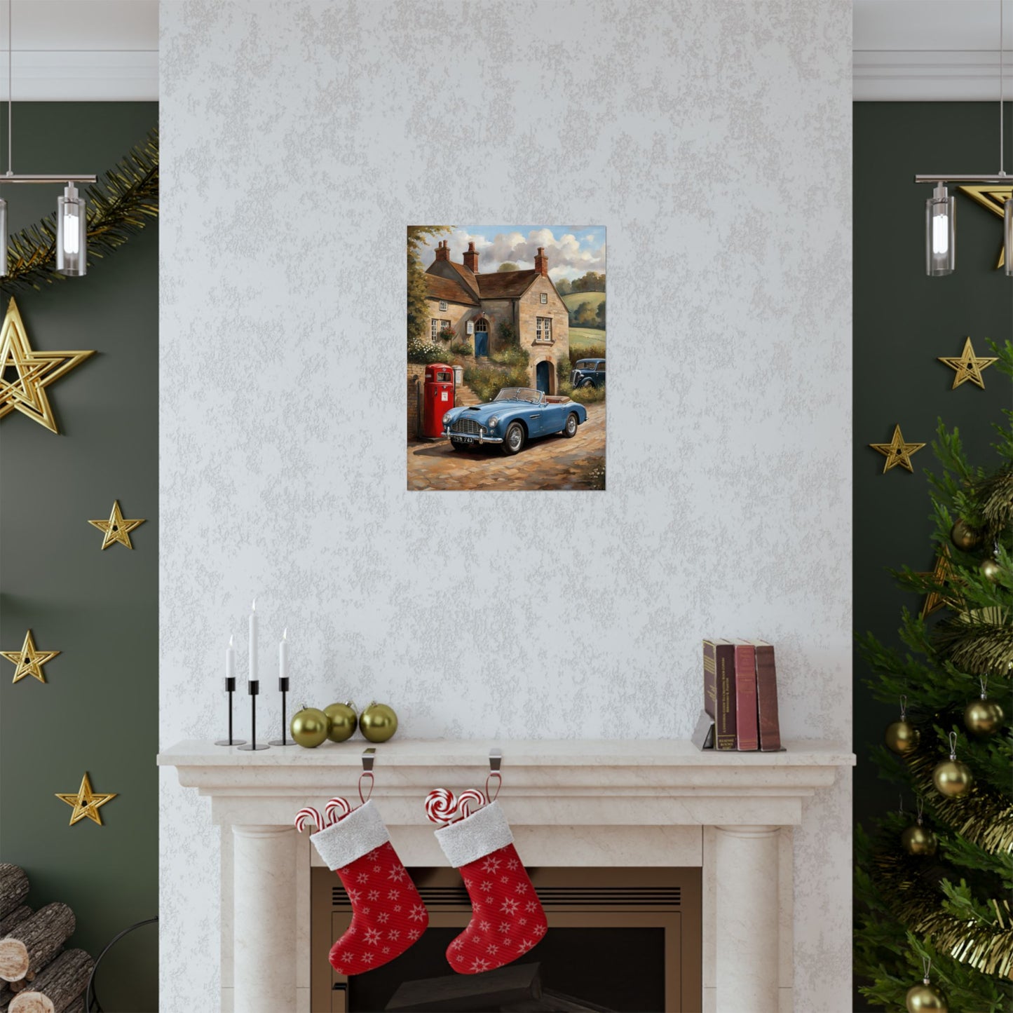 Charming Vintage Car Art Poster displayed in a cozy holiday home setting with festive decorations