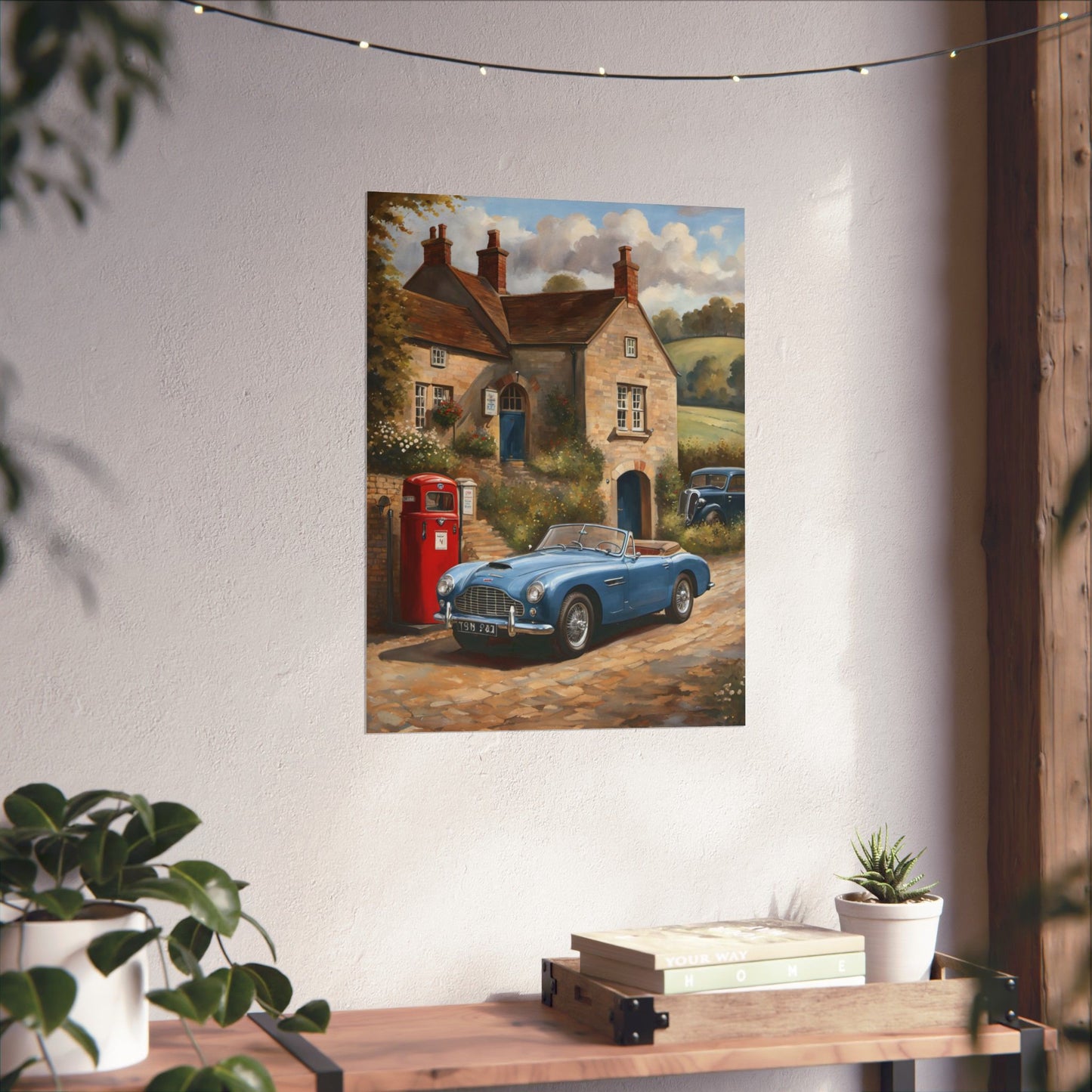 Charming Vintage Car Art Poster featuring a classic blue car near a quaint cottage and a red phone booth