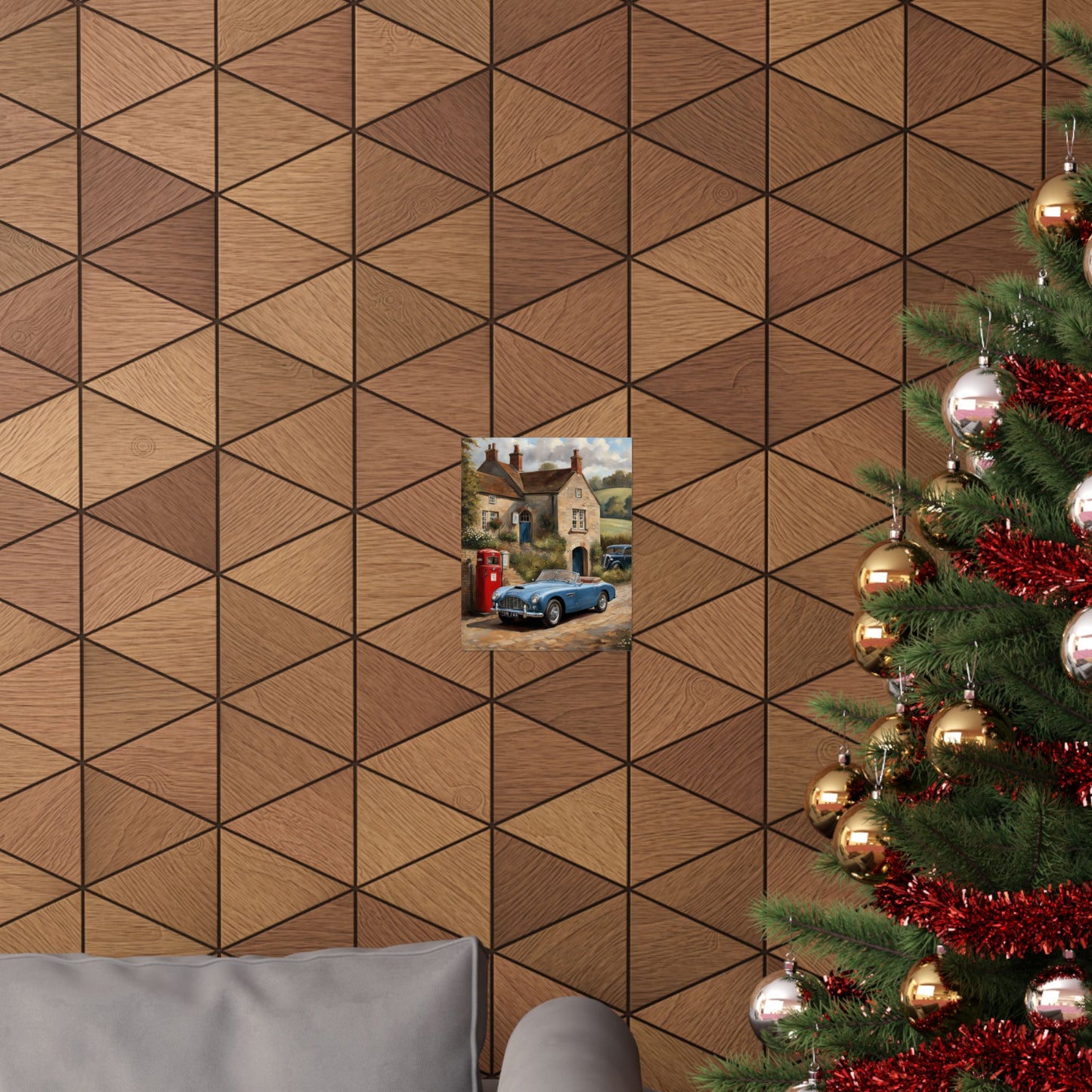 Charming Vintage Car Art Poster displayed on a geometric wooden wall background during the holiday season