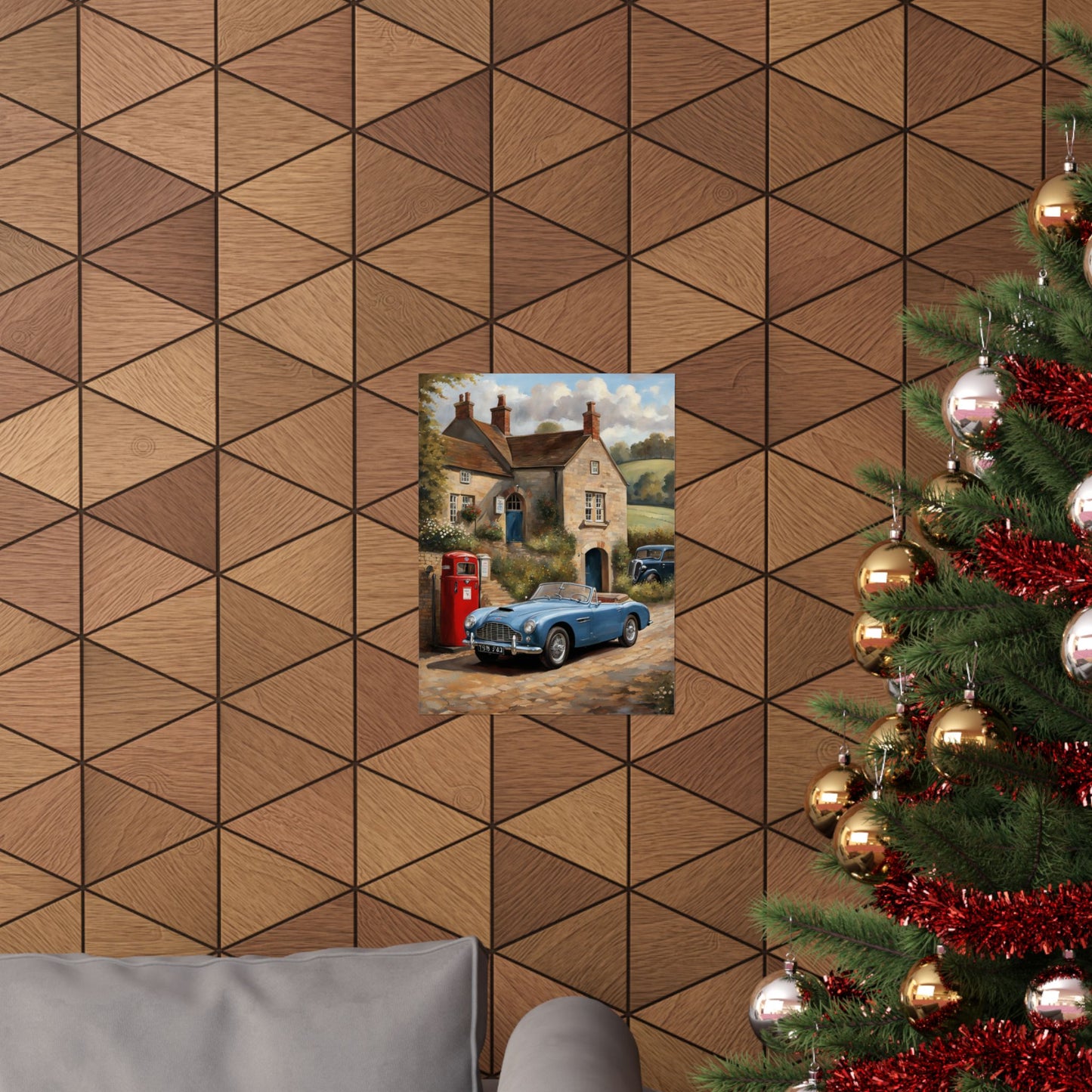 Charming Vintage Car Art Poster featuring classic cars beside a quaint cottage on a textured wall