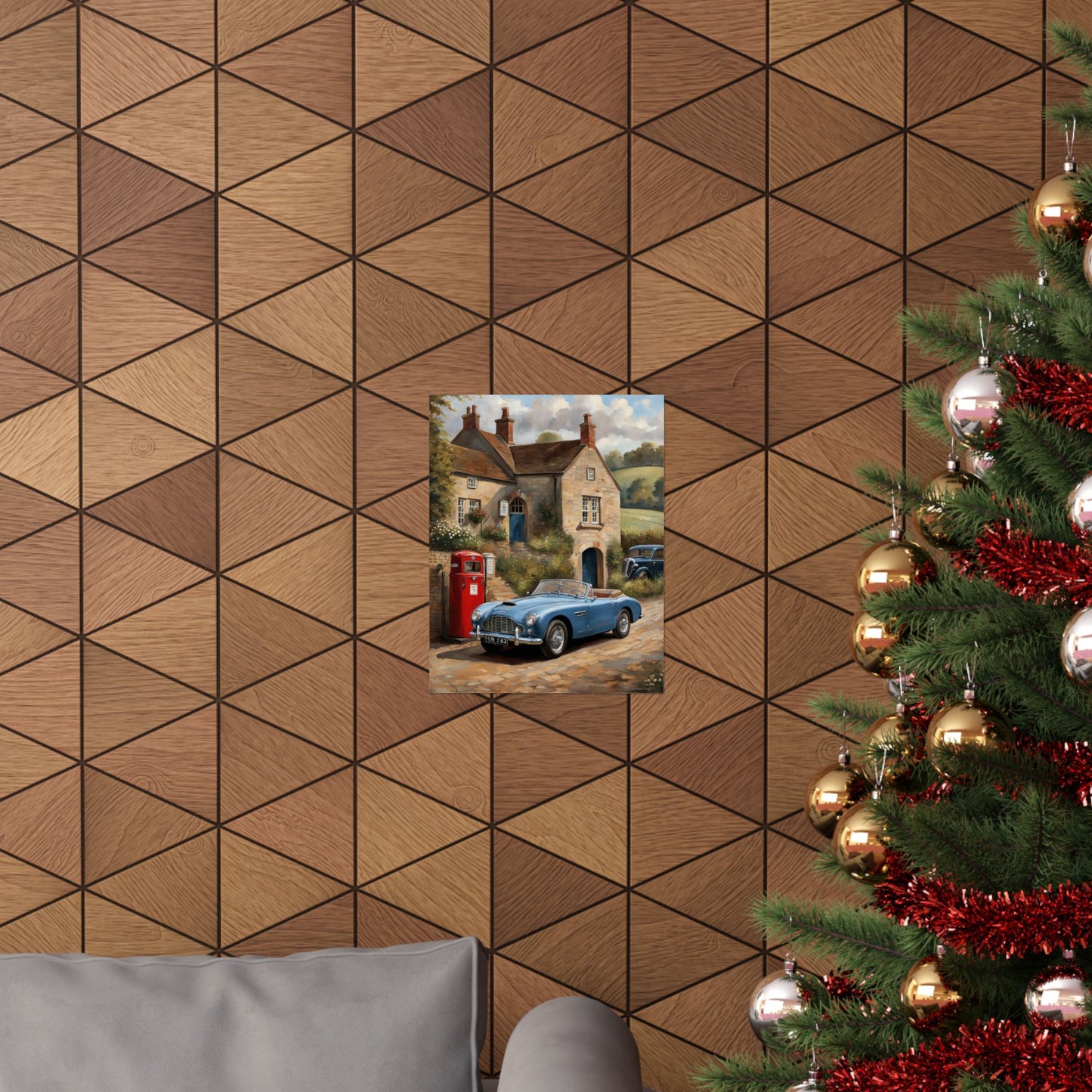 Charming Vintage Car Art Poster displayed on a wood-patterned wall with a holiday tree in the foreground