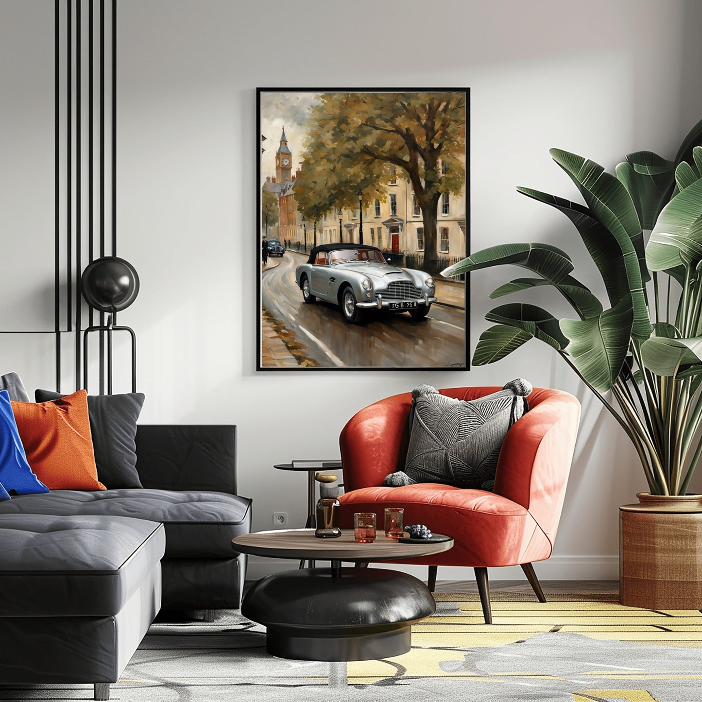 Classic 1950s roadster wall art by AquilVision displayed in modern living room with sofa and orange chair