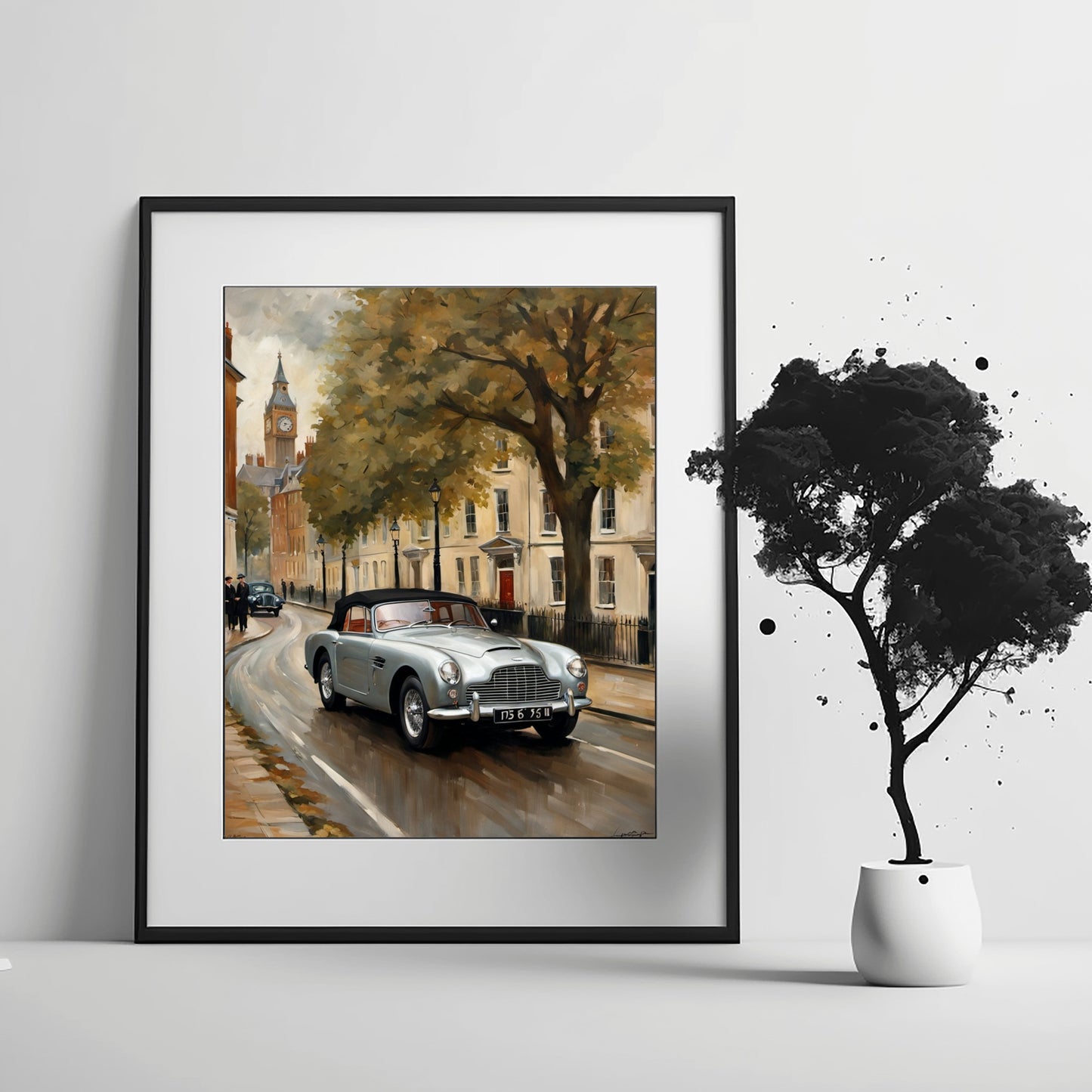 Classic 1950s roadster wall art digital print by AquilVision featuring vintage car on rainy city street