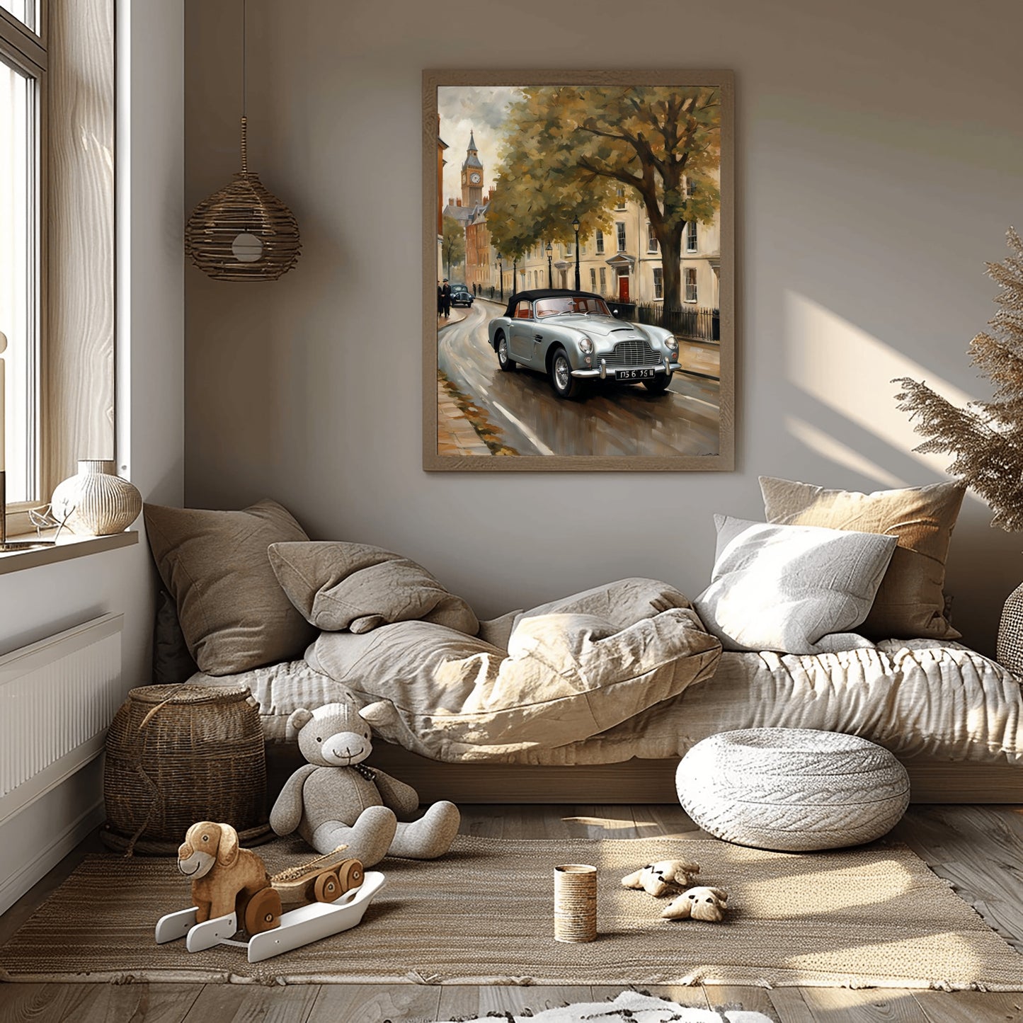 Classic 1950s roadster wall art depicting a vintage car on a rainy city street in a cozy living room