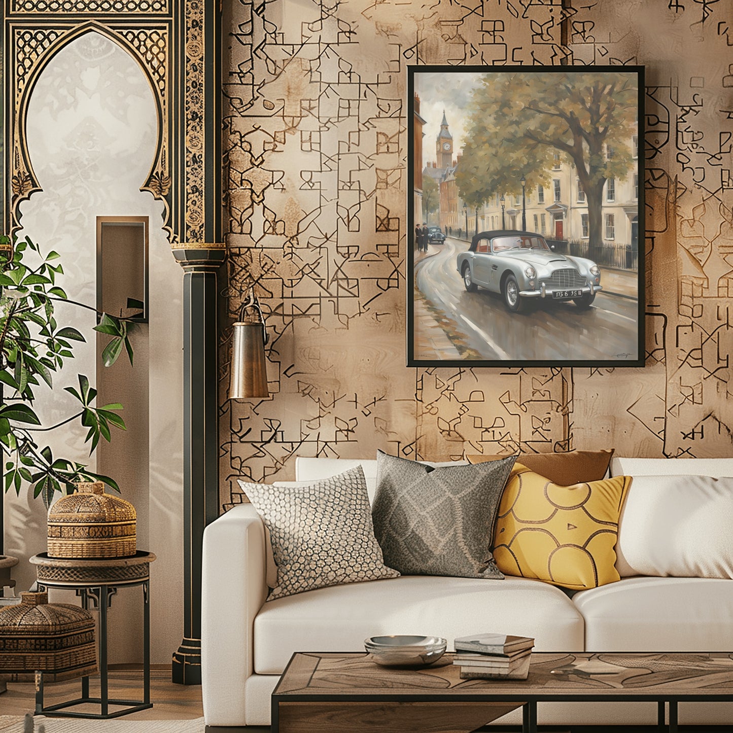 Classic 1950s roadster wall art by AquilVision displayed above a white sofa in an elegant living room