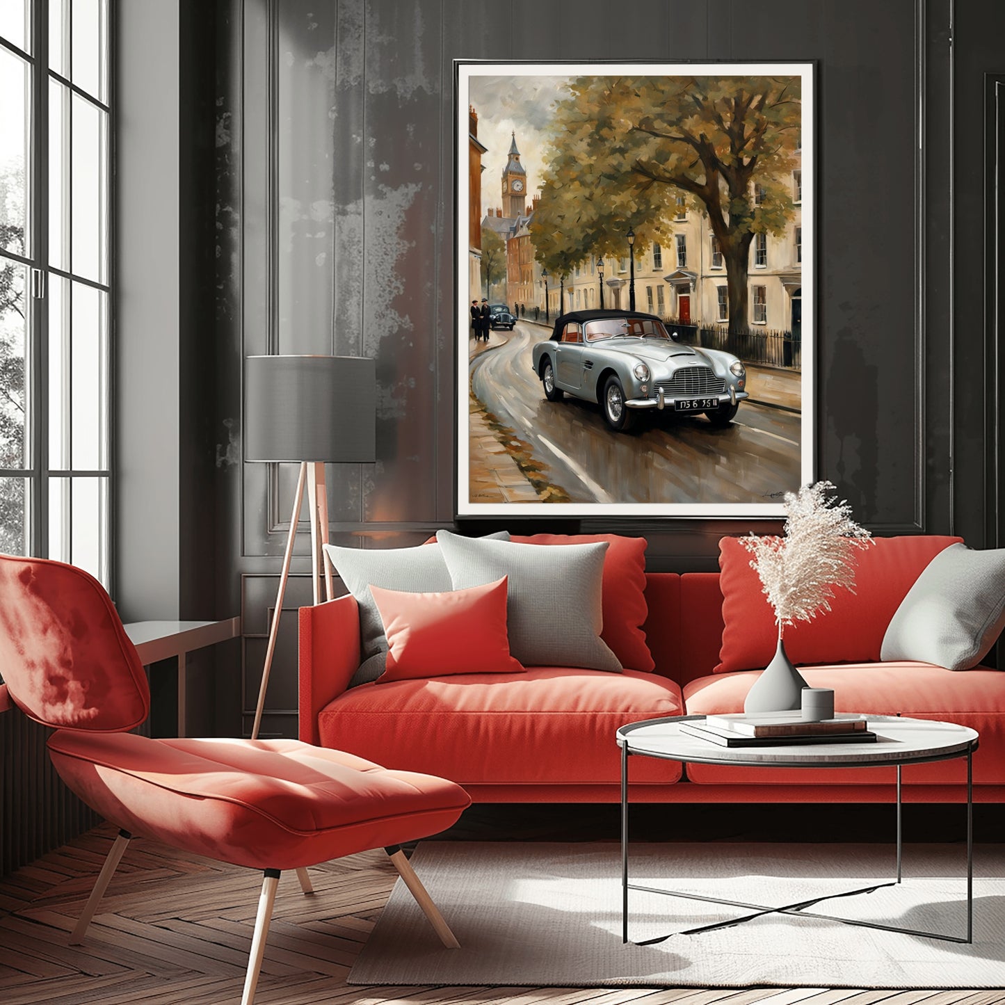 Classic 1950s roadster wall art by AquilVision displayed above red sofa in modern living room