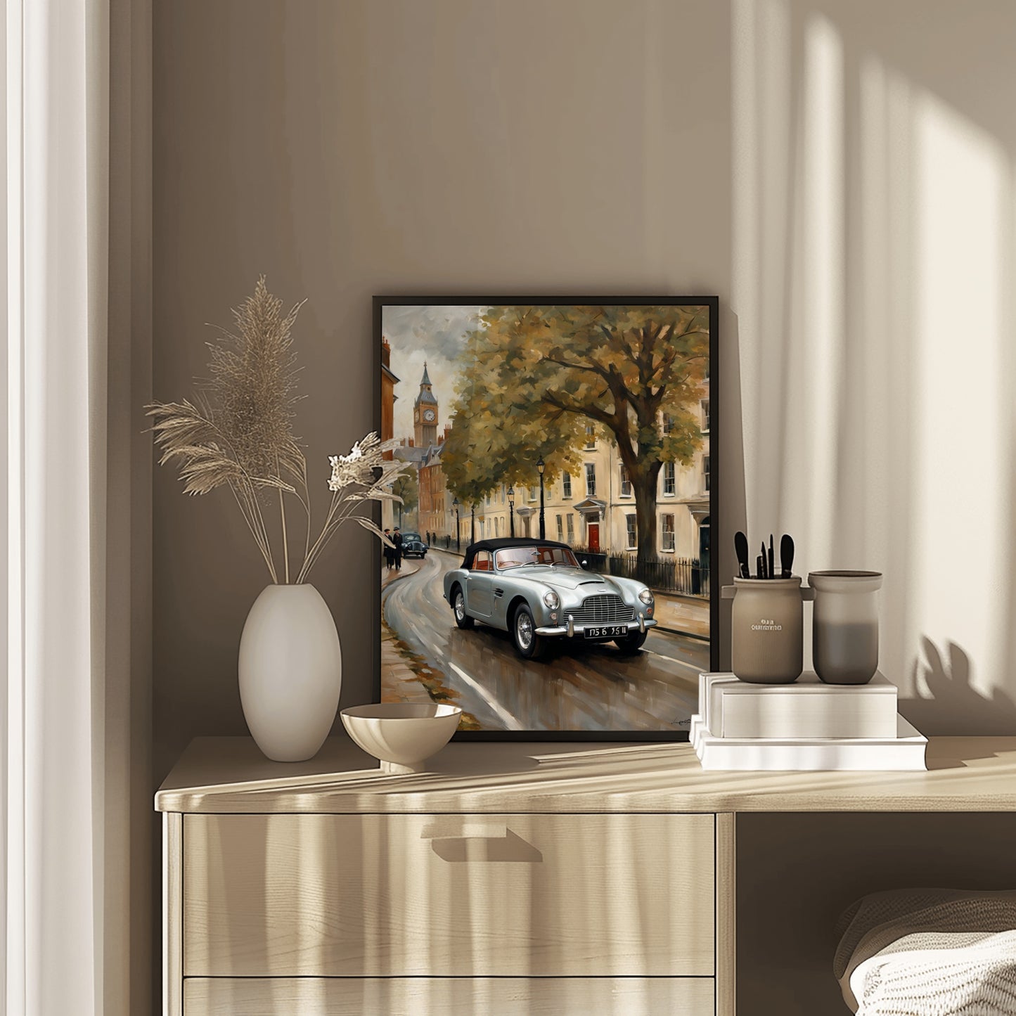 Classic 1950s roadster wall art digital print by AquilVision displayed on a wooden dresser