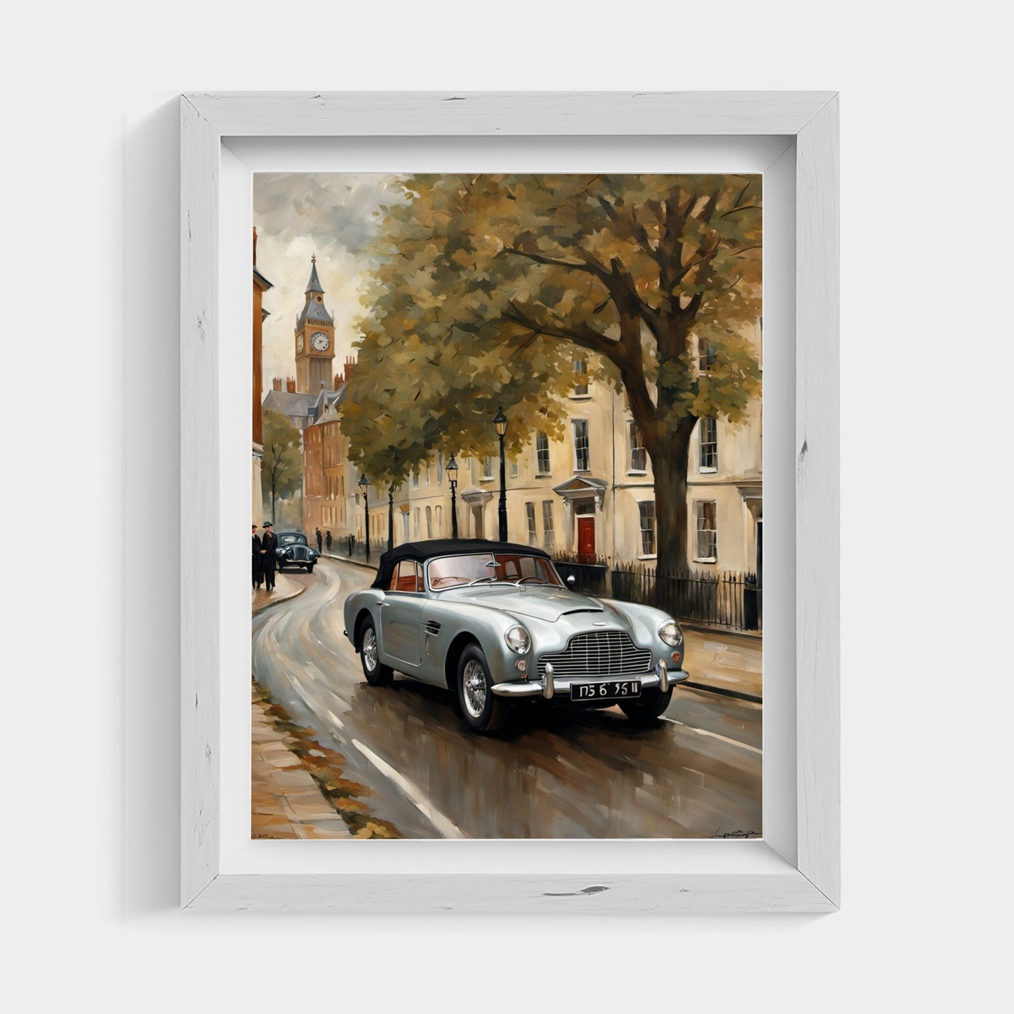 Classic 1950s roadster wall art by AquilVision featuring a vintage silver car on a rainy city street