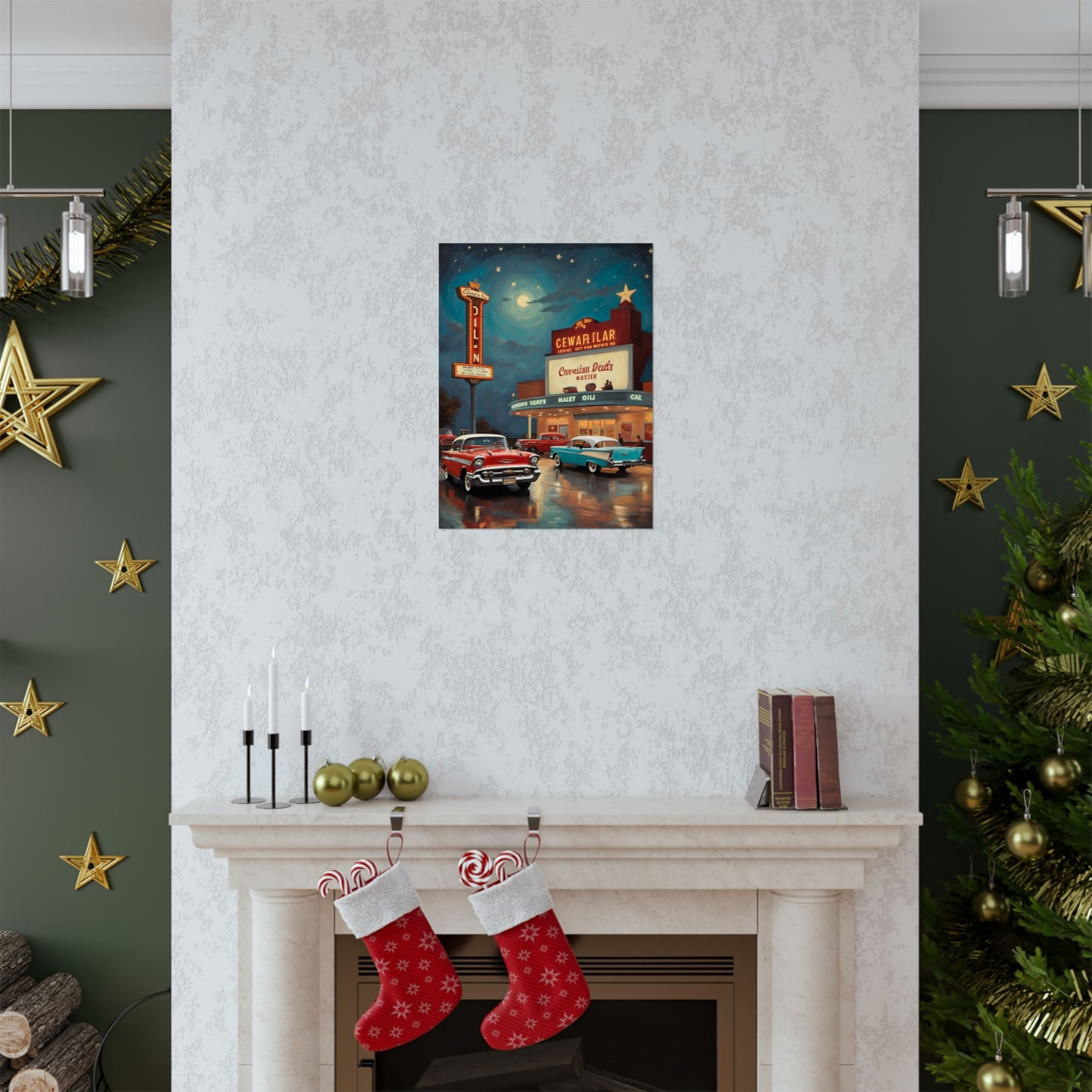 Classic automobile wall art print featuring vintage cars in front of a retro cinema on a cozy wall