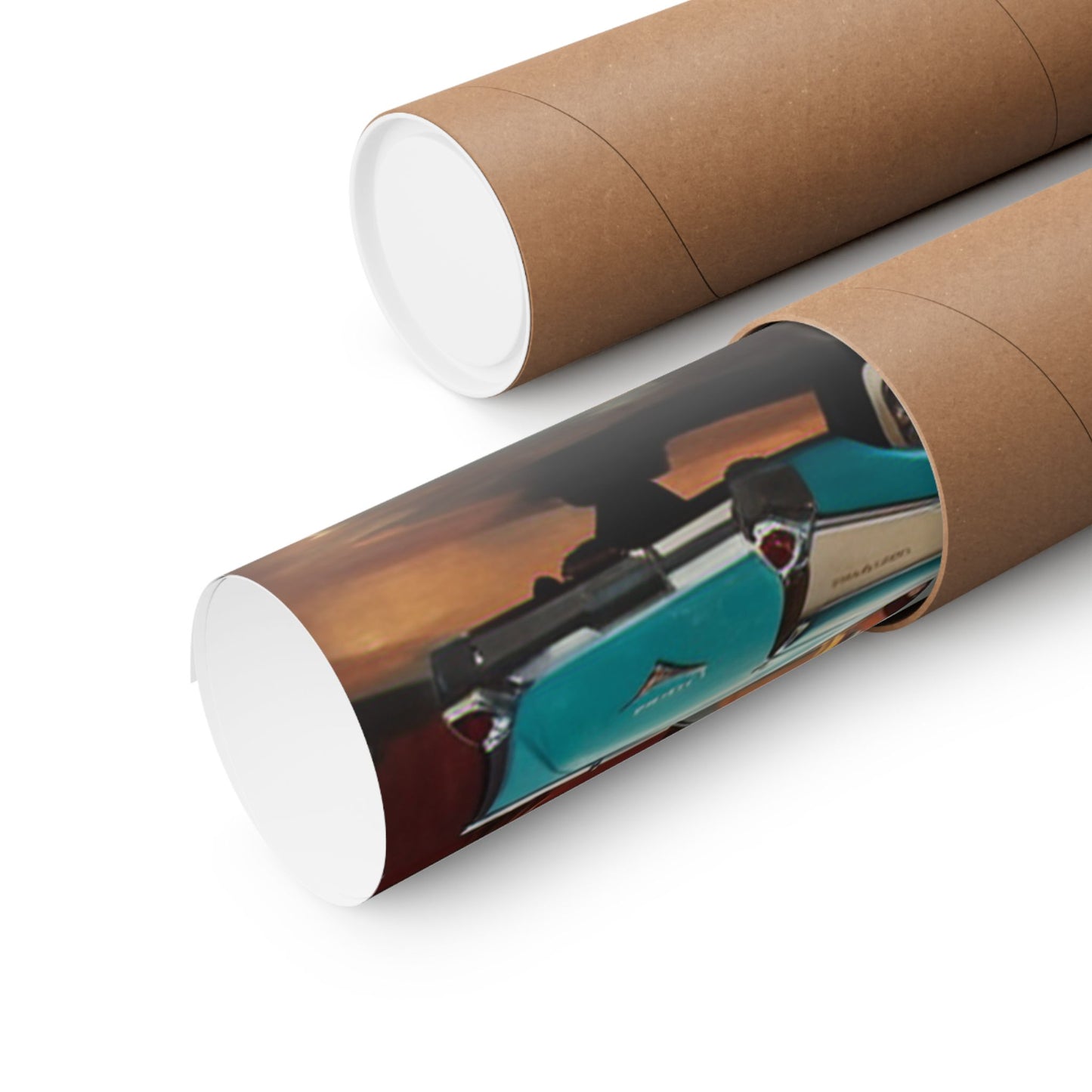 Classic automobile wall art print rolled in a sturdy tube for easy storage and transport