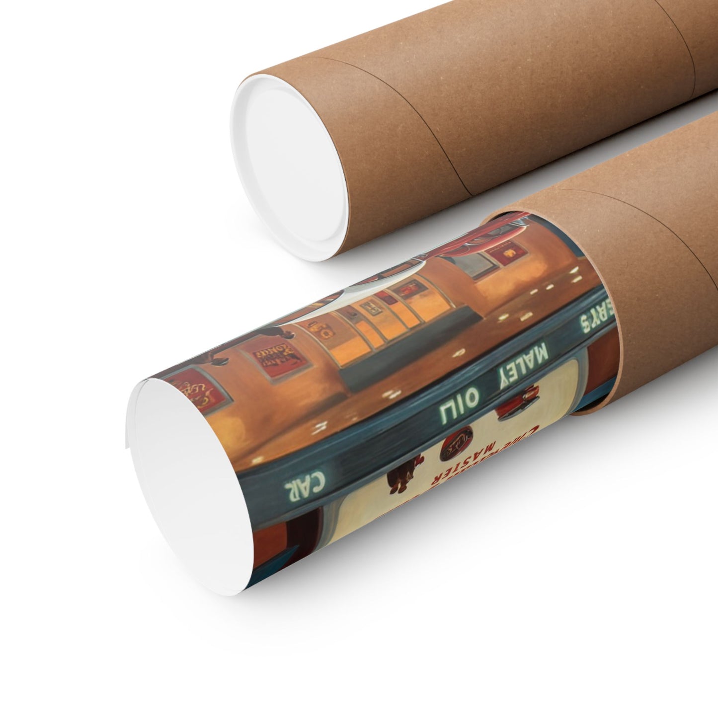Classic automobile wall art print rolled and packaged in a cardboard tube for easy storage