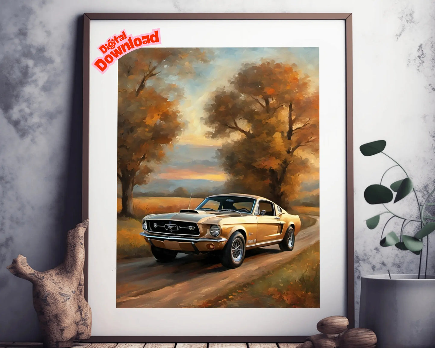 Classic car art autumn country road digital download framed print with vintage car and fall trees