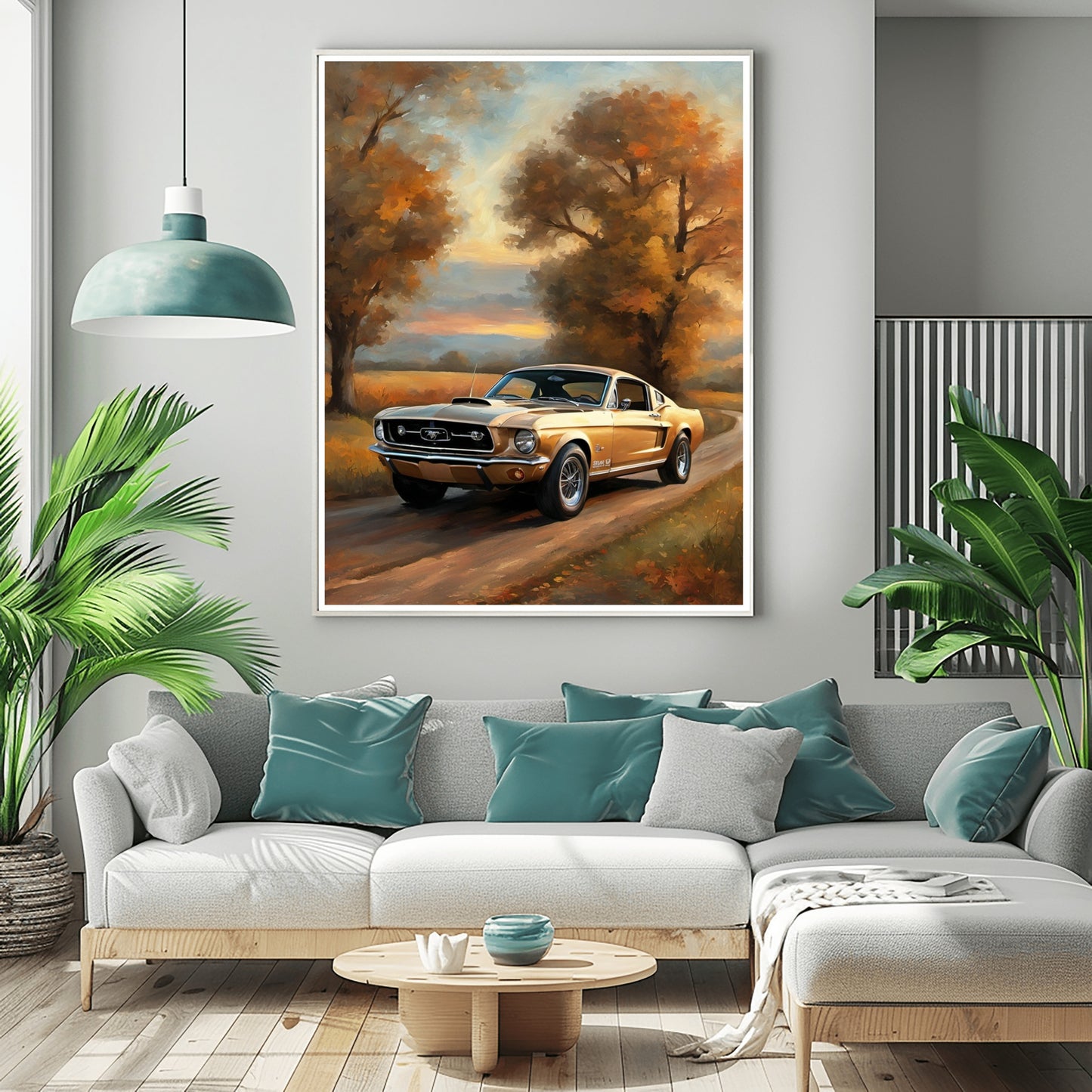Classic car art autumn country road digital painting of a vintage car on a fall tree-lined path