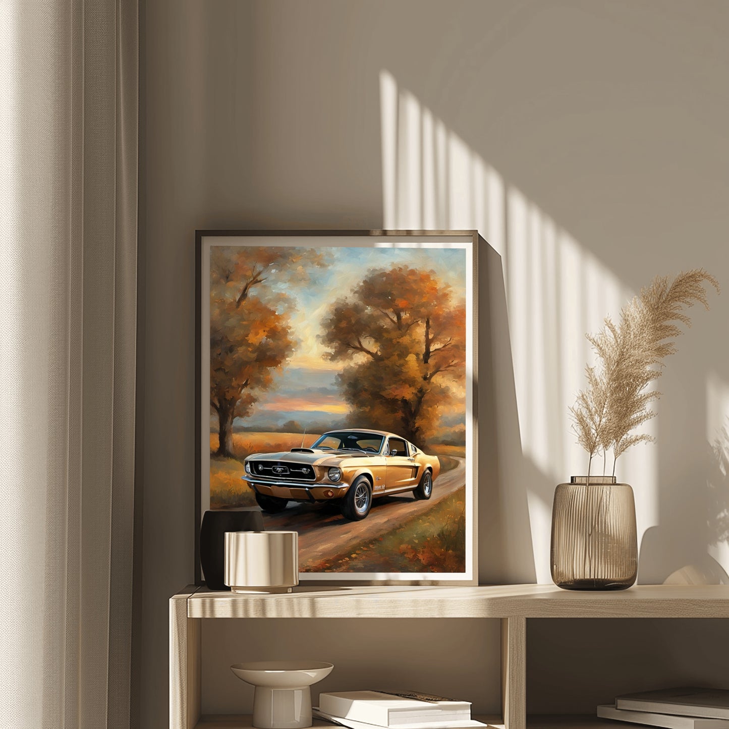Framed digital classic car art autumn country road showing vintage car on a tree-lined path with fall colors