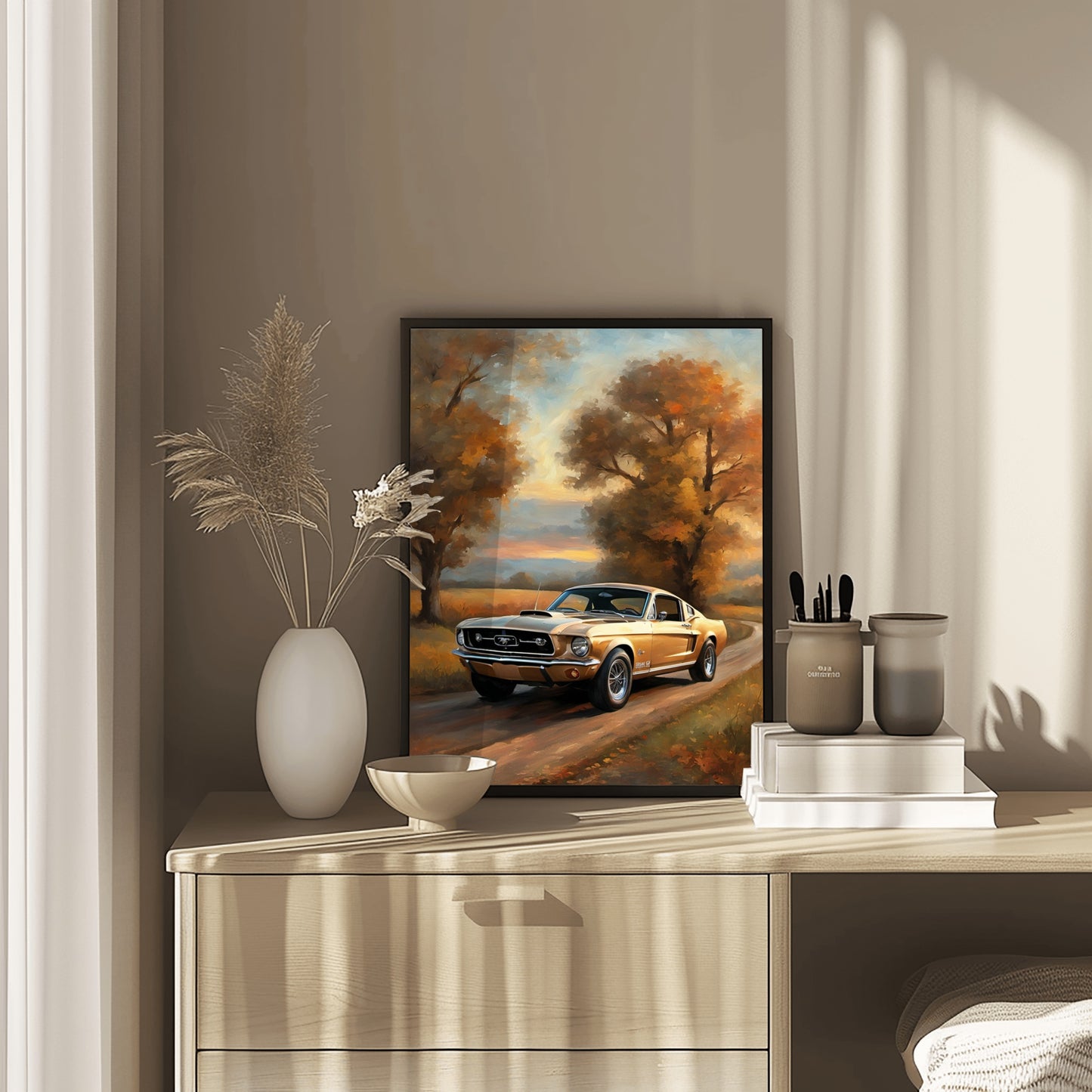 Classic car art autumn country road digital print displayed on wood dresser with decorative vases