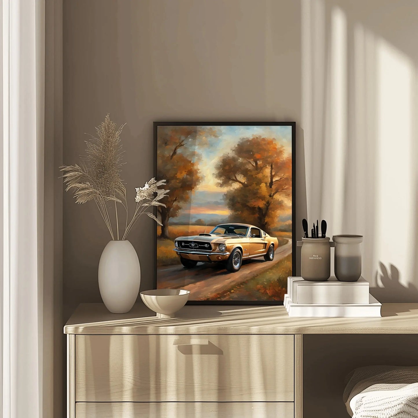 Classic car art autumn country road digital print displayed on wood dresser with decorative vases