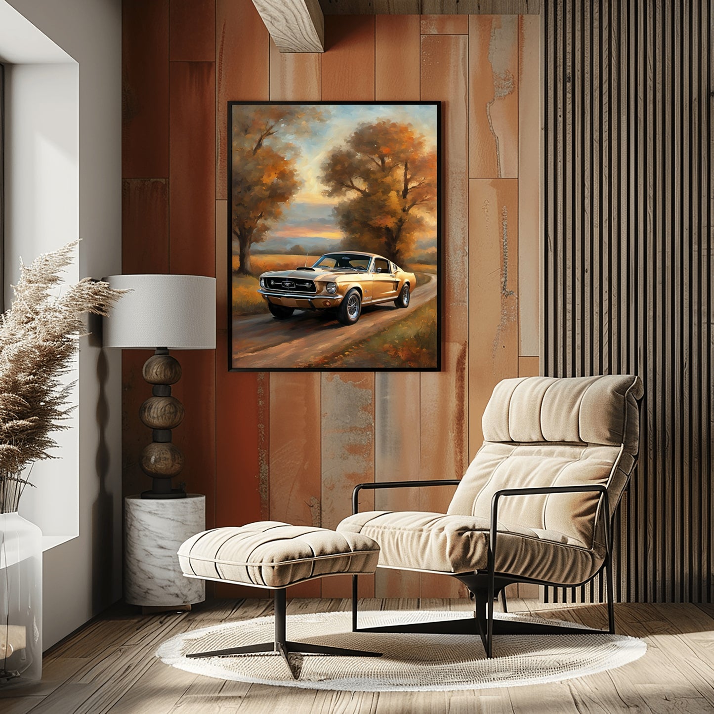 Framed classic car art autumn country road painting hanging on wooden wall in cozy modern living room