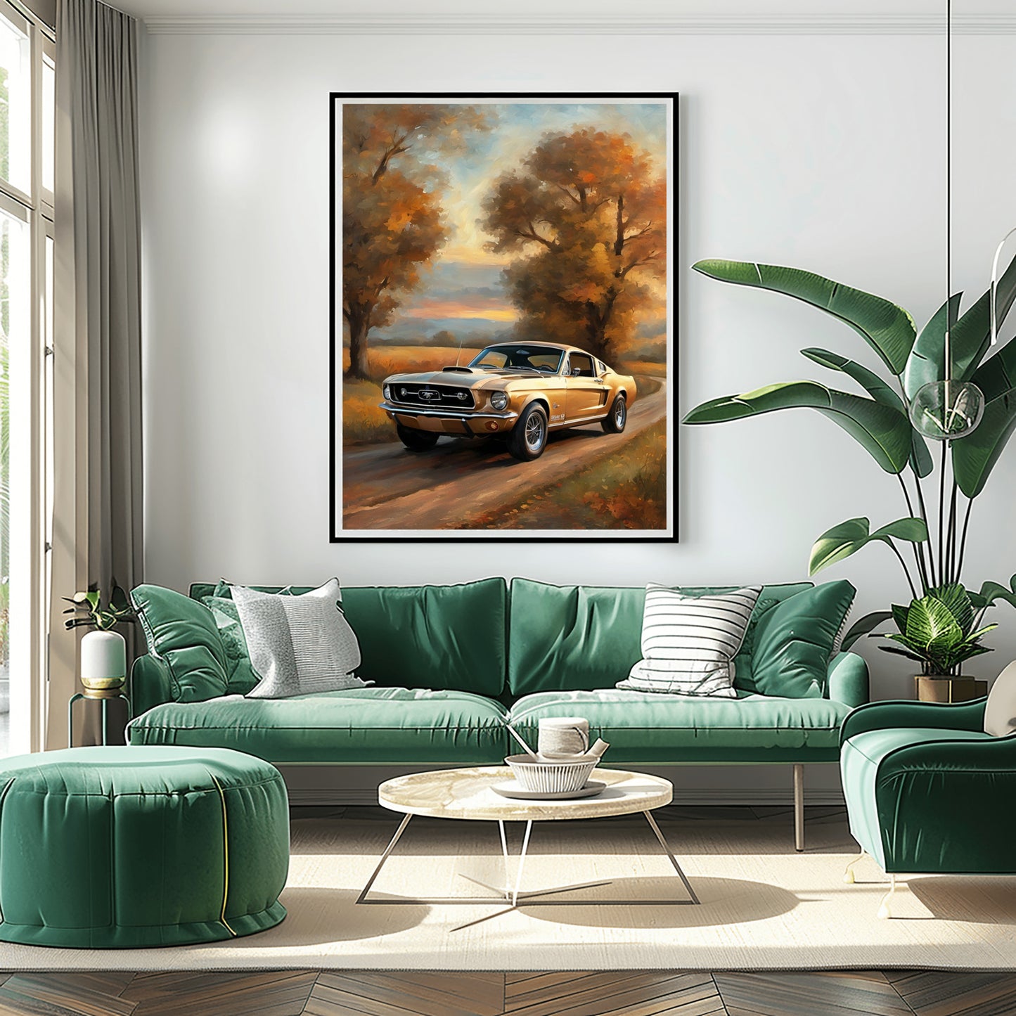 Classic car art autumn country road digital wall art print hanging above green sofa in modern living room