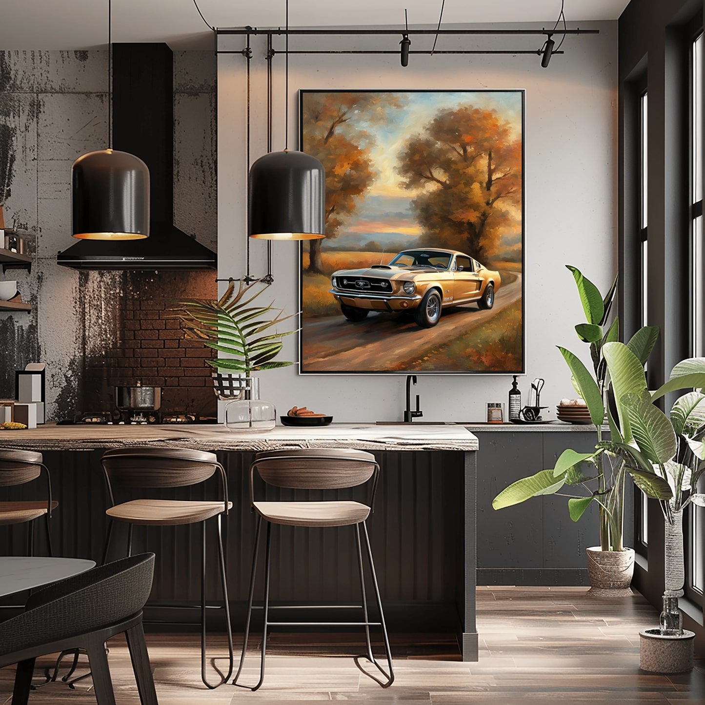 Classic car art autumn country road painting displayed in modern kitchen with black cabinetry and pendant lights