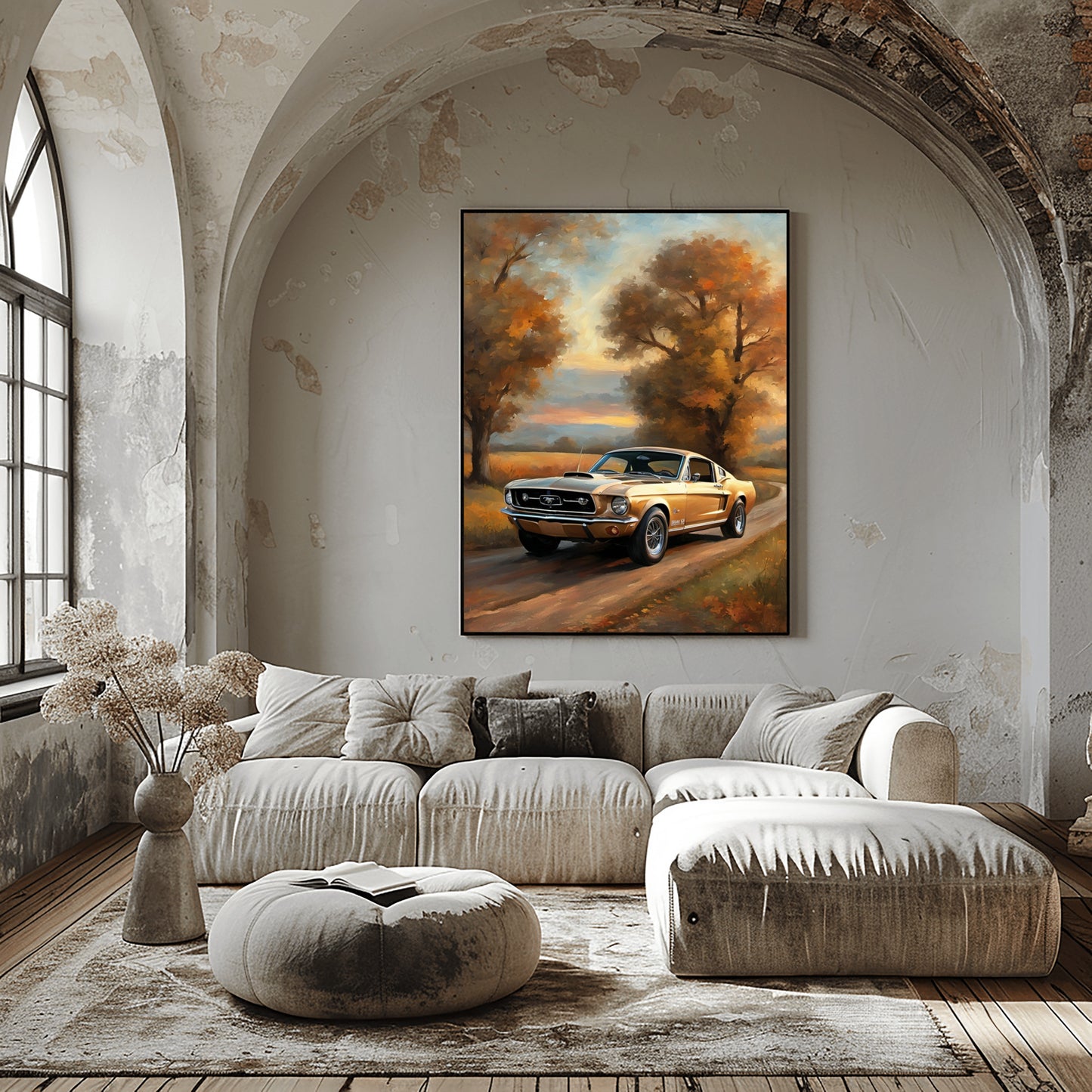 Classic car art autumn country road painting displayed in rustic living room with arched window and neutral decor