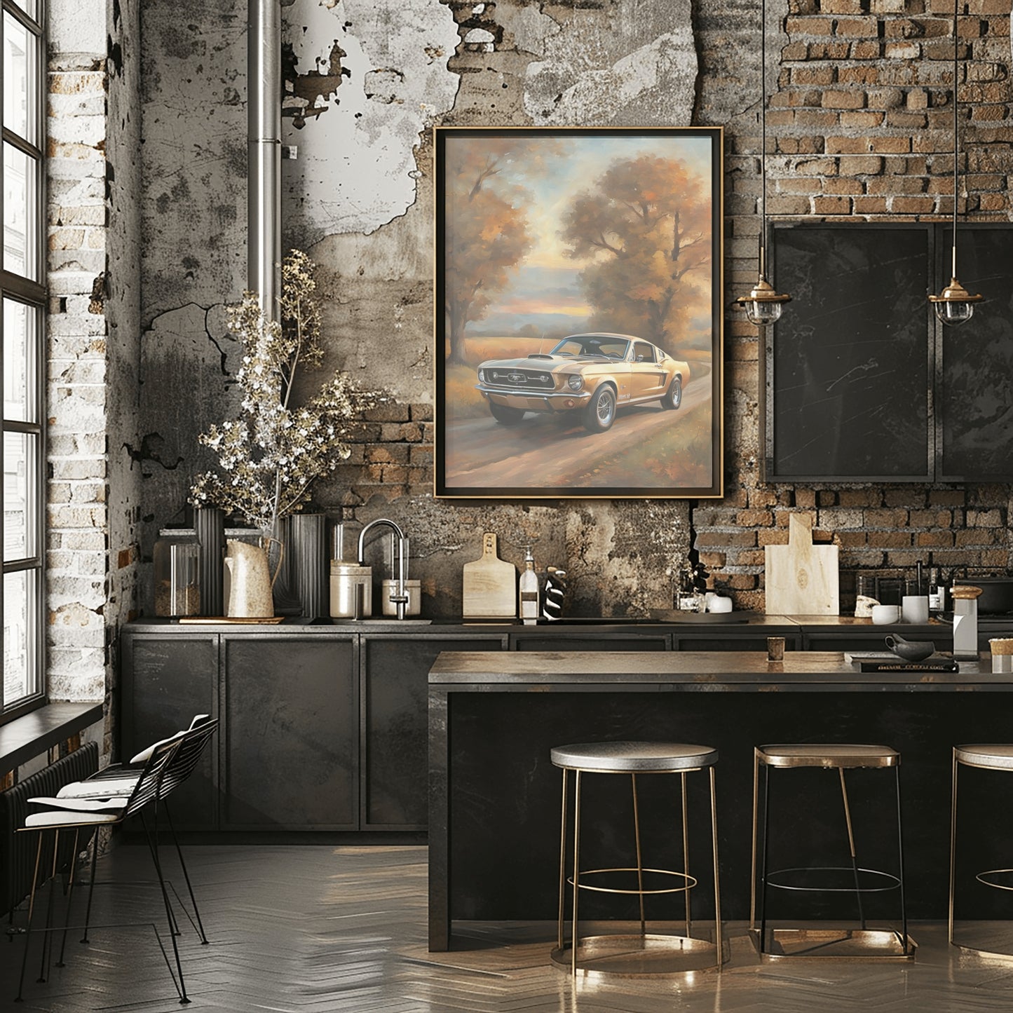 Classic car art autumn country road framed painting in rustic modern kitchen with exposed brick wall
