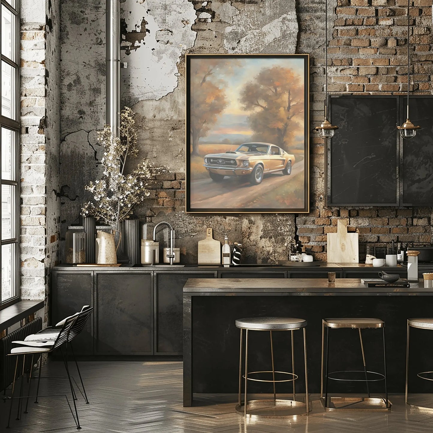 Classic car art autumn country road framed painting in rustic modern kitchen with exposed brick wall