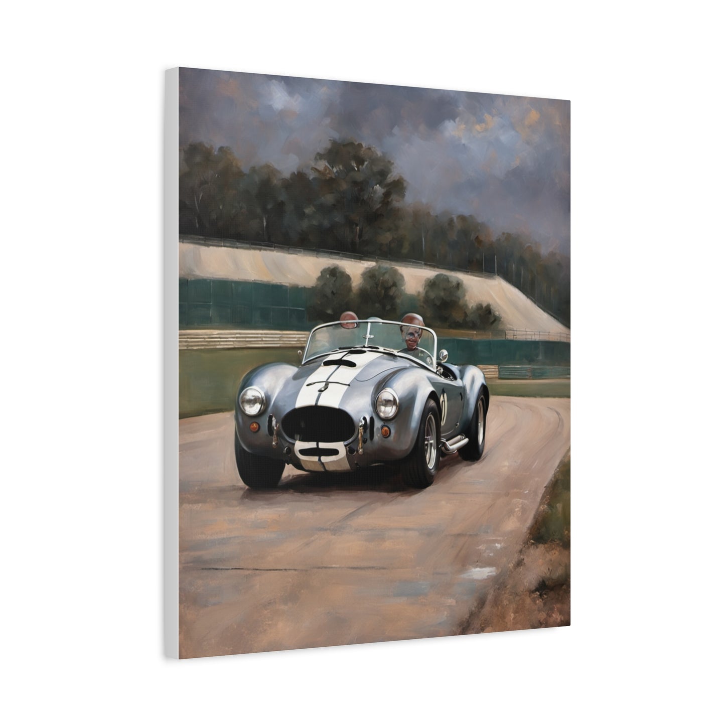 Classic Car Canvas Print featuring a retro silver sports car on a scenic racetrack
