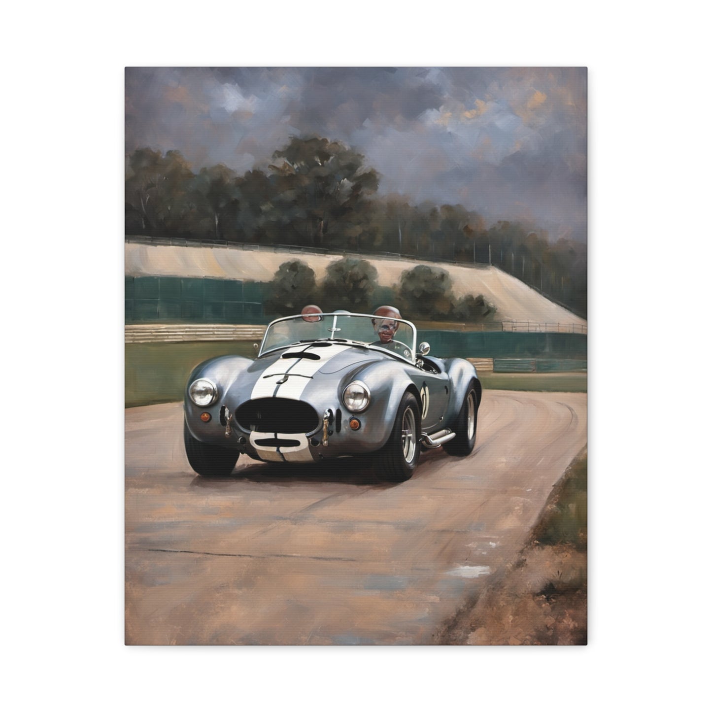 Classic Car Canvas Print featuring a vintage sports car on a racetrack with scenic background