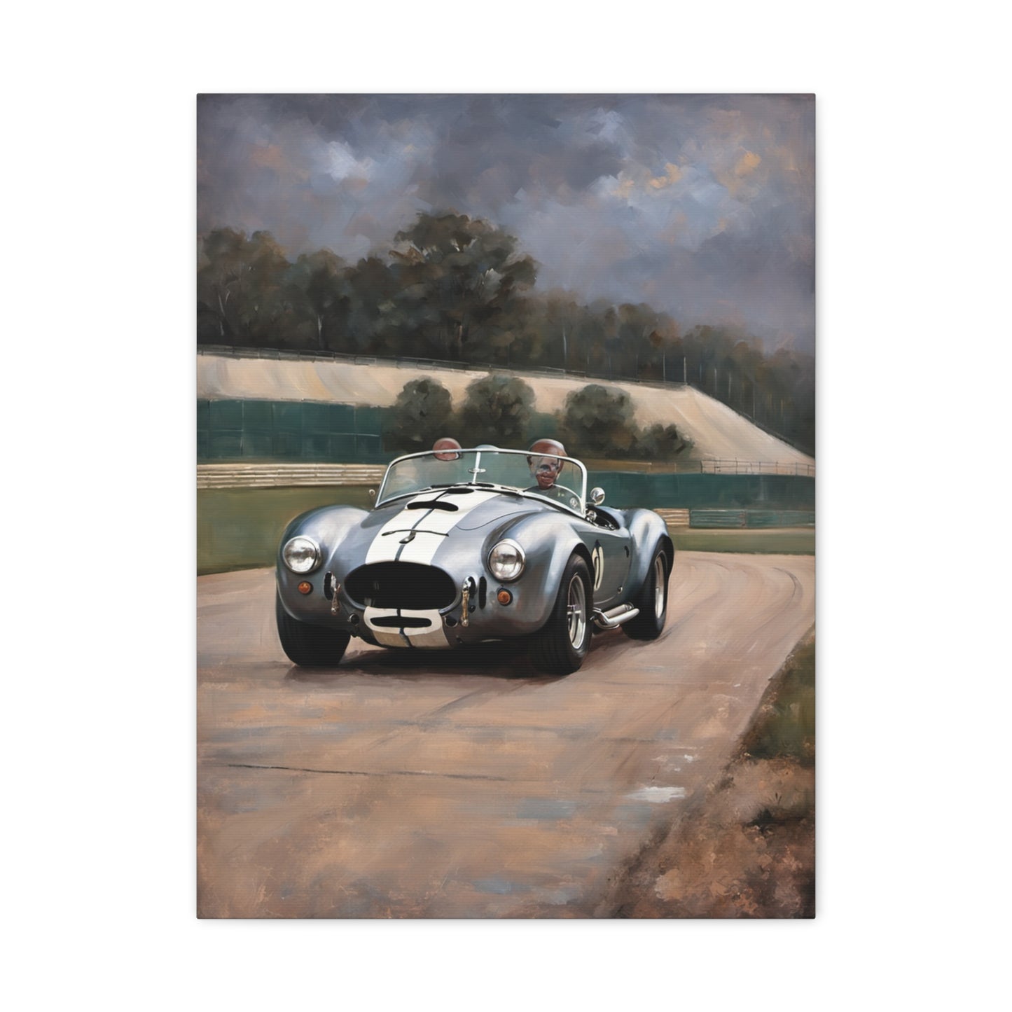 Classic Car Canvas Print featuring a silver convertible racing on a track with a scenic background