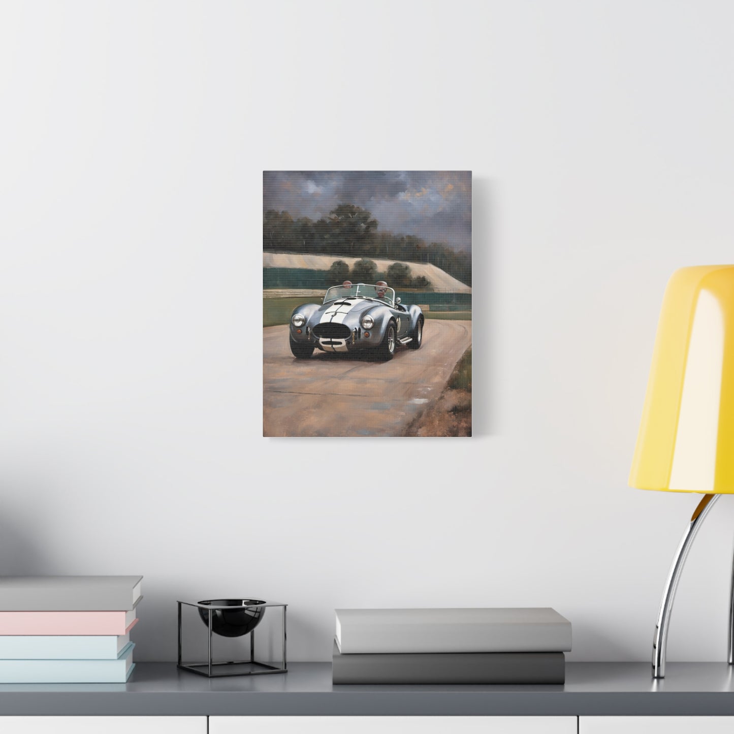 Classic Car Canvas Print featuring a vintage sports car on a racetrack backdrop