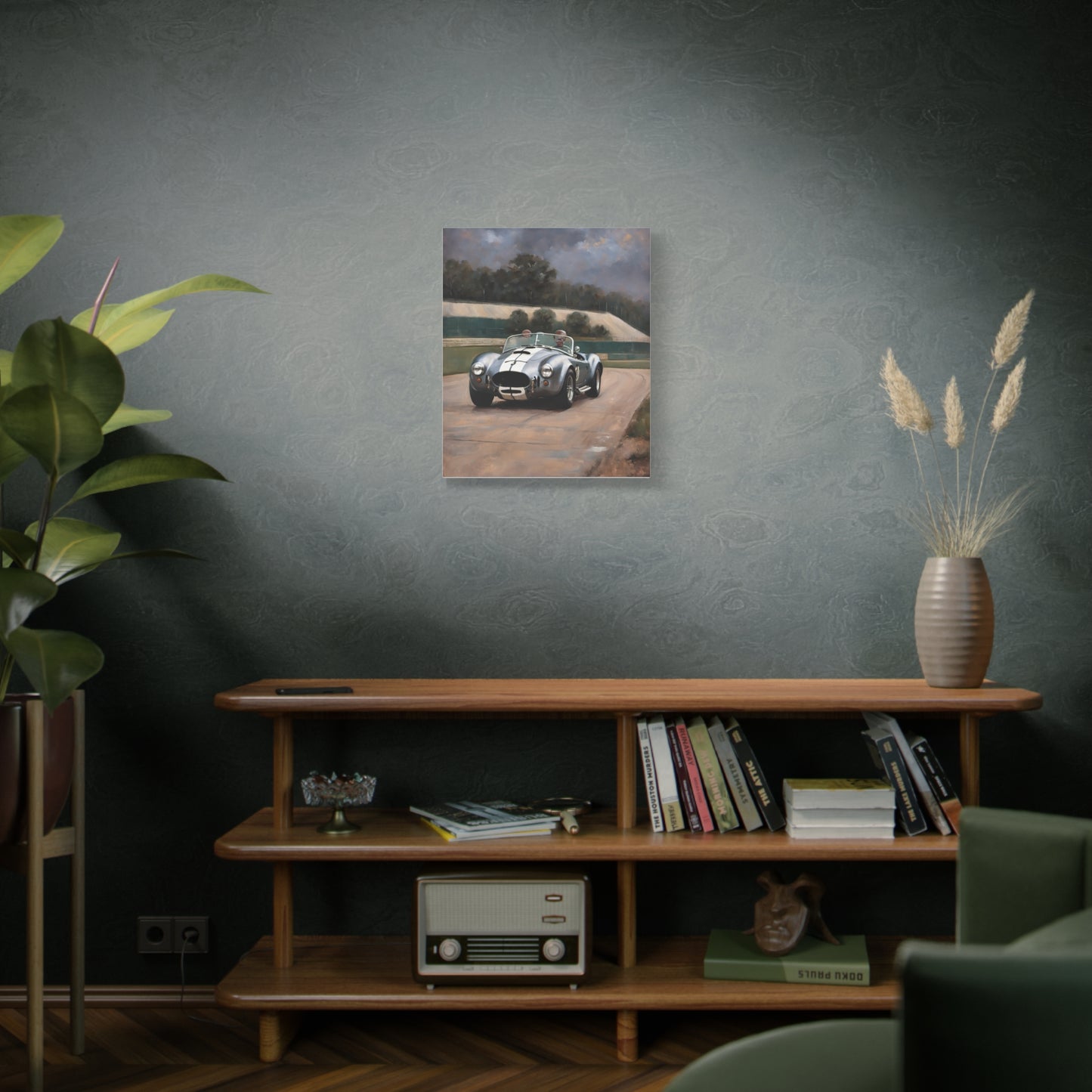 Classic Car Canvas Print showcased on wall above wooden shelf in a stylish living room setting